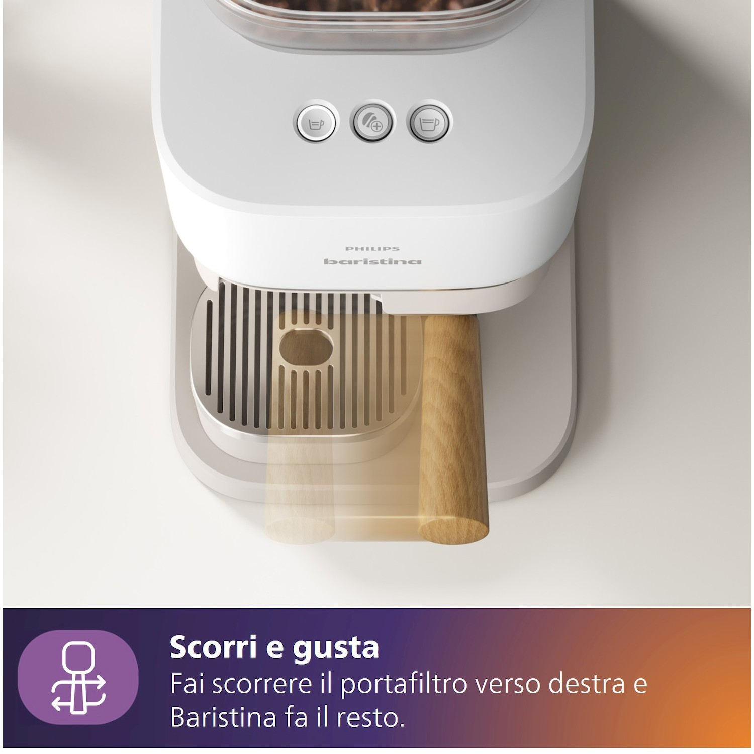 Una macchina da caffè bianca con manico in legno e tre pulsanti.