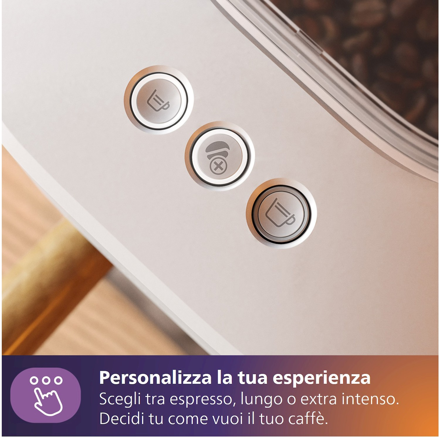 Pulsanti macchina caffè: Espresso, lungo, extra intenso. Scelta caffè.