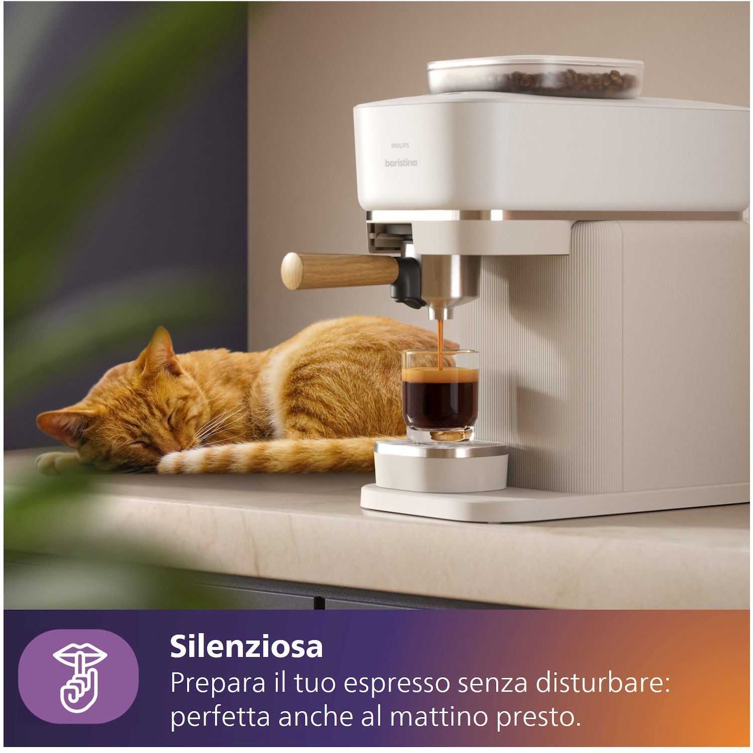 Un gatto arancione dorme accanto a una macchina da caffè che prepara espresso.
