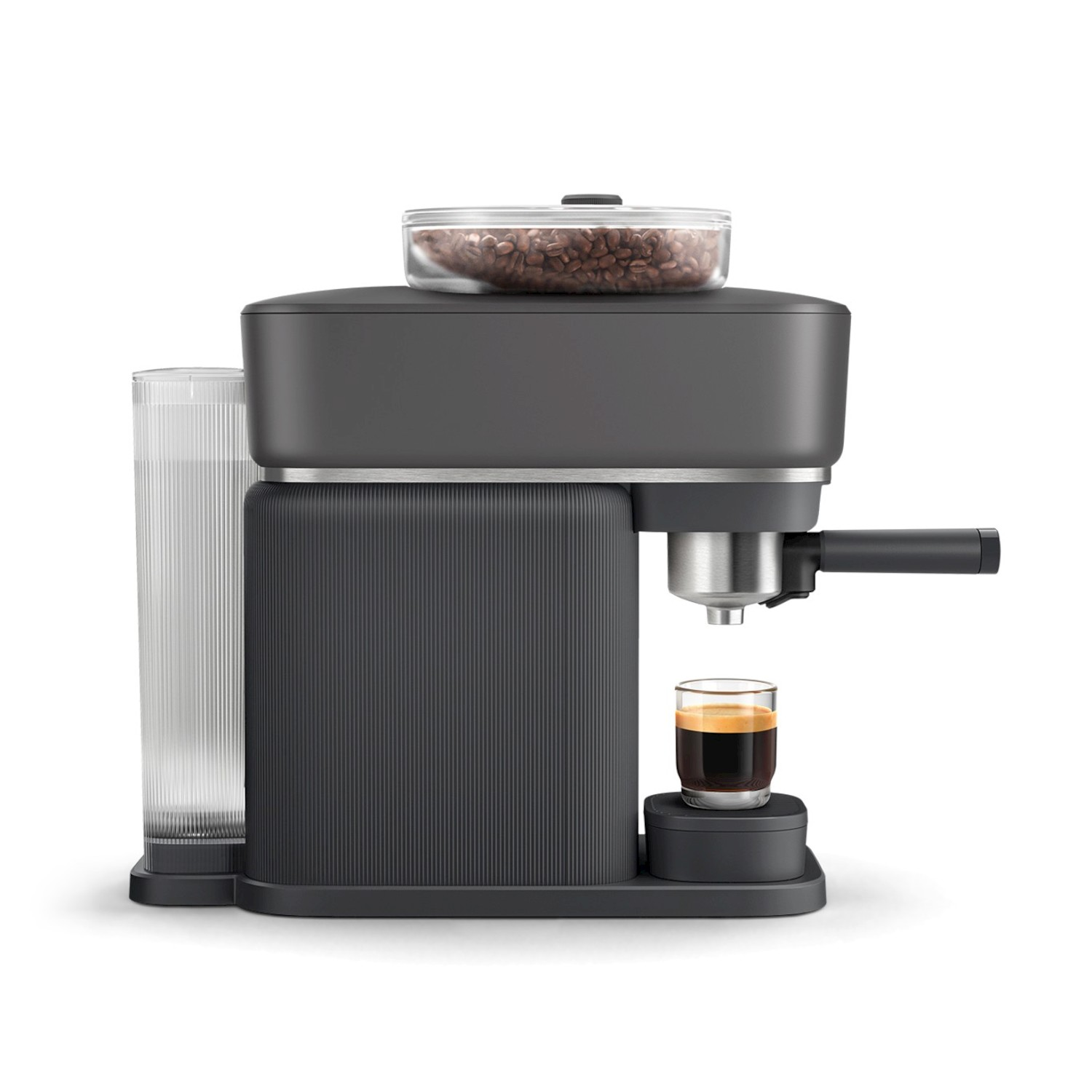 Macchina da caffè grigio scuro con serbatoio dell'acqua, tramoggia chicchi e un espresso.