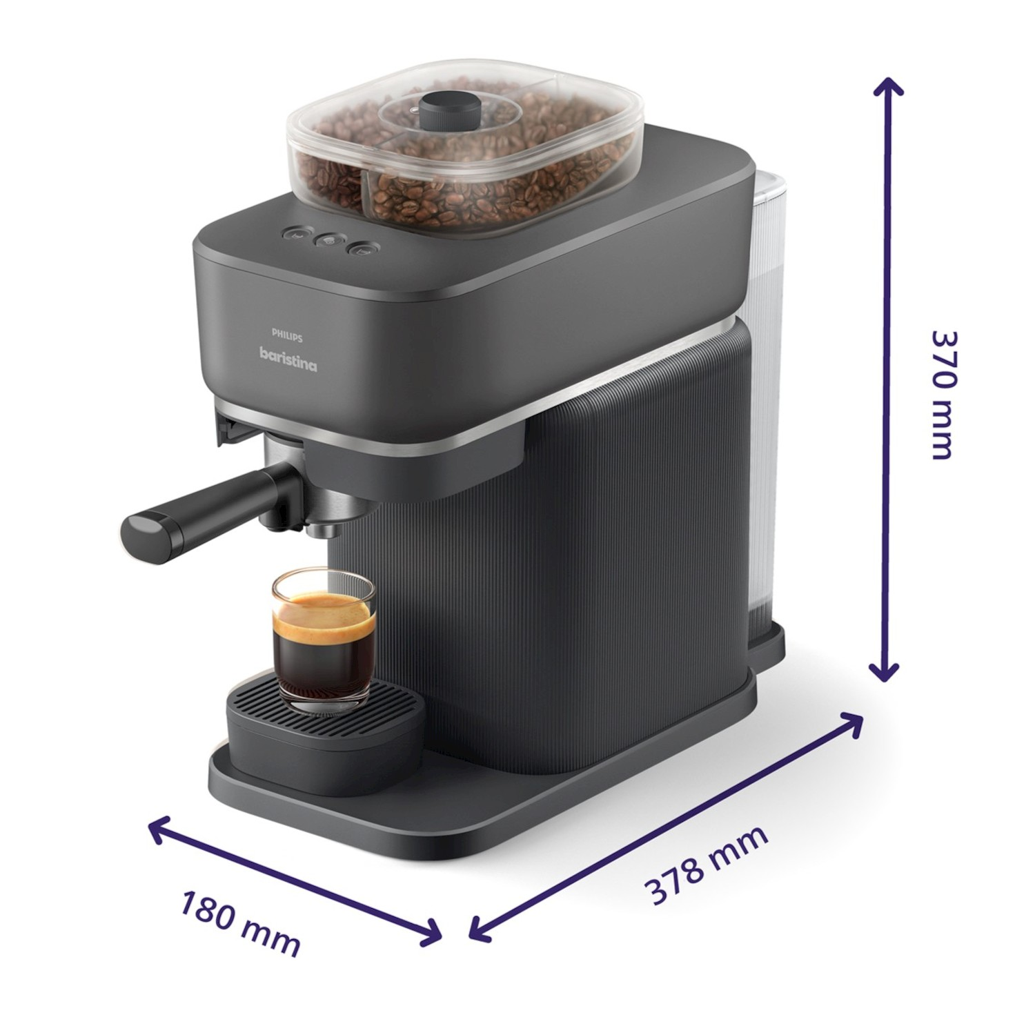 Macchina da caffè grigio scuro con contenitore chicchi e tazzina espresso, dimensioni 180x378x370mm.