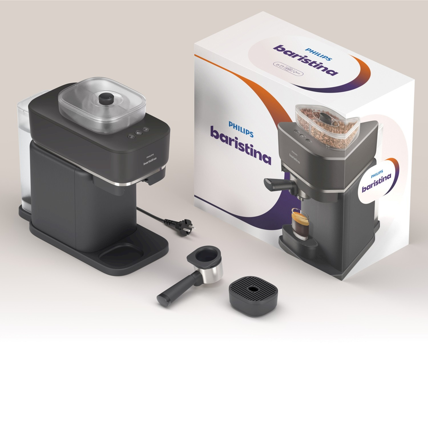 Una macchina da caffè Philips Barista nera con accessori e confezione.