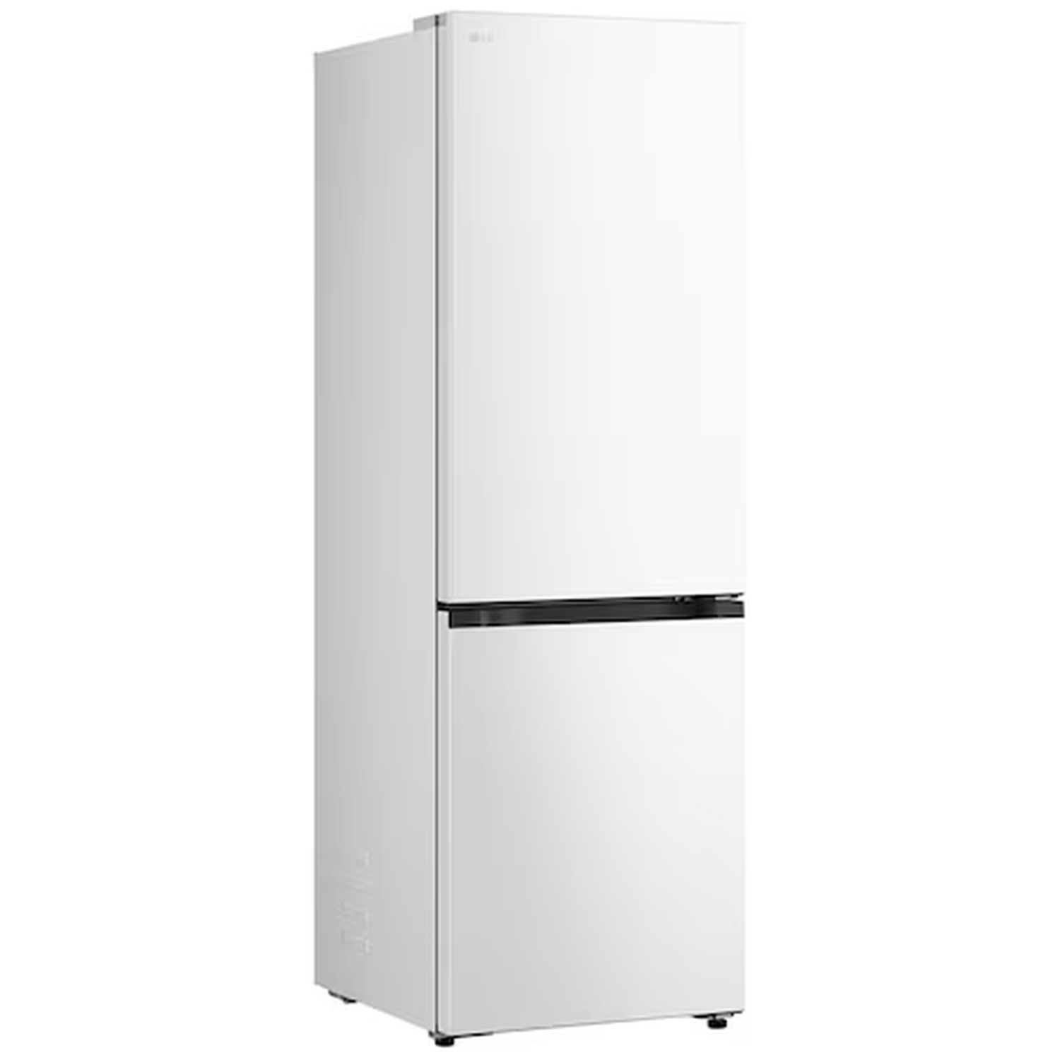 A white LG refrigerator with two doors and a black accent stripe.