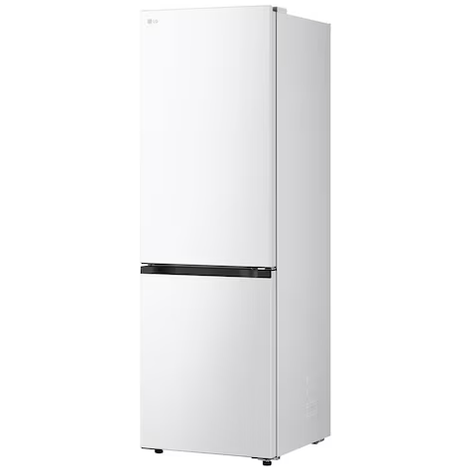 A white LG refrigerator with two doors and a black horizontal line.