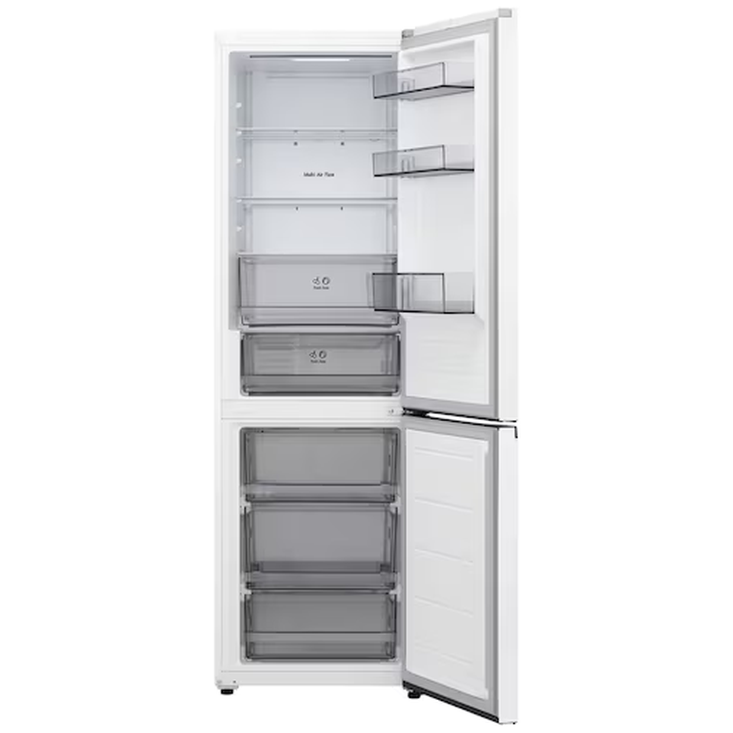 A white refrigerator with its door open, showing multiple shelves and drawers.