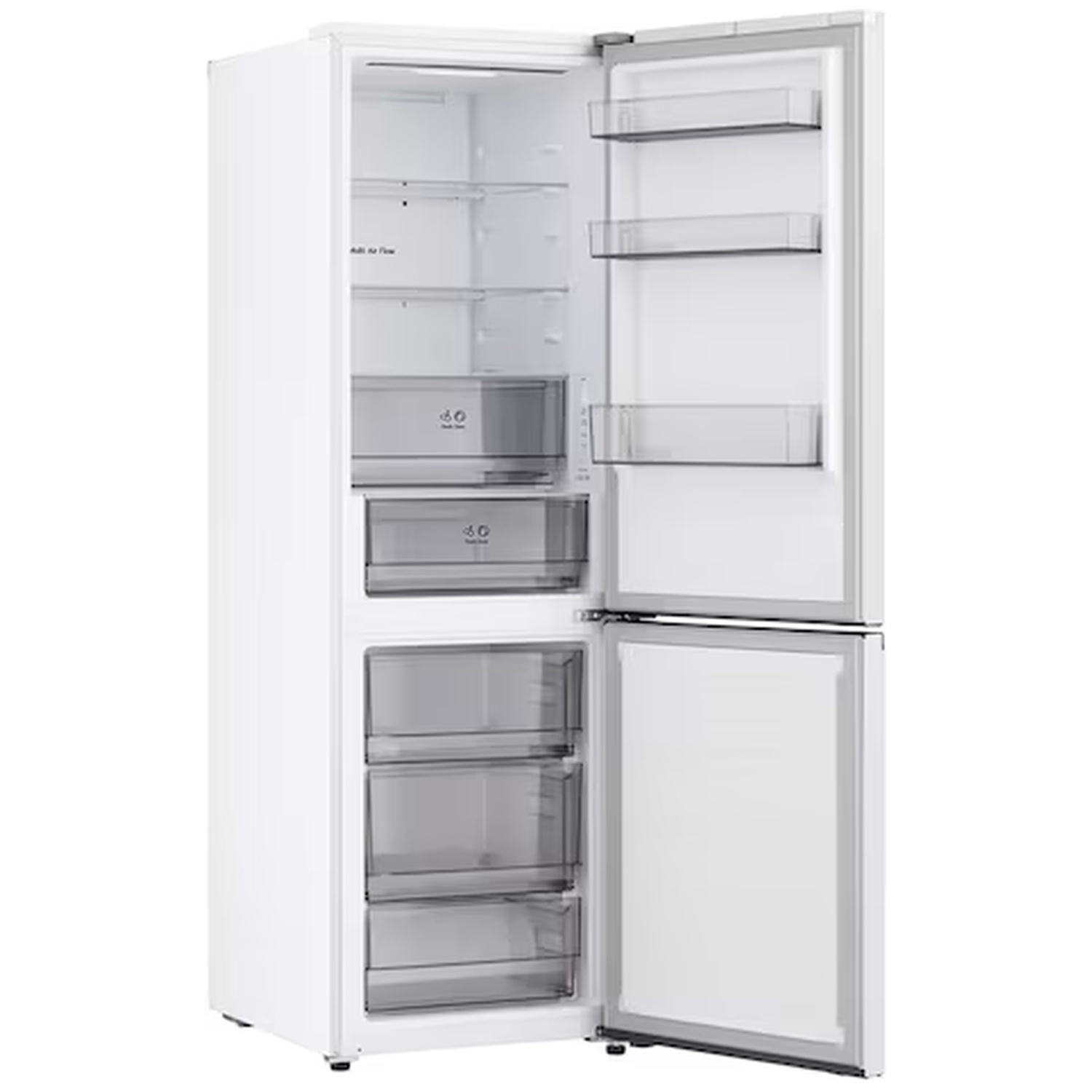 A white refrigerator with its doors open, showing shelves and drawers.