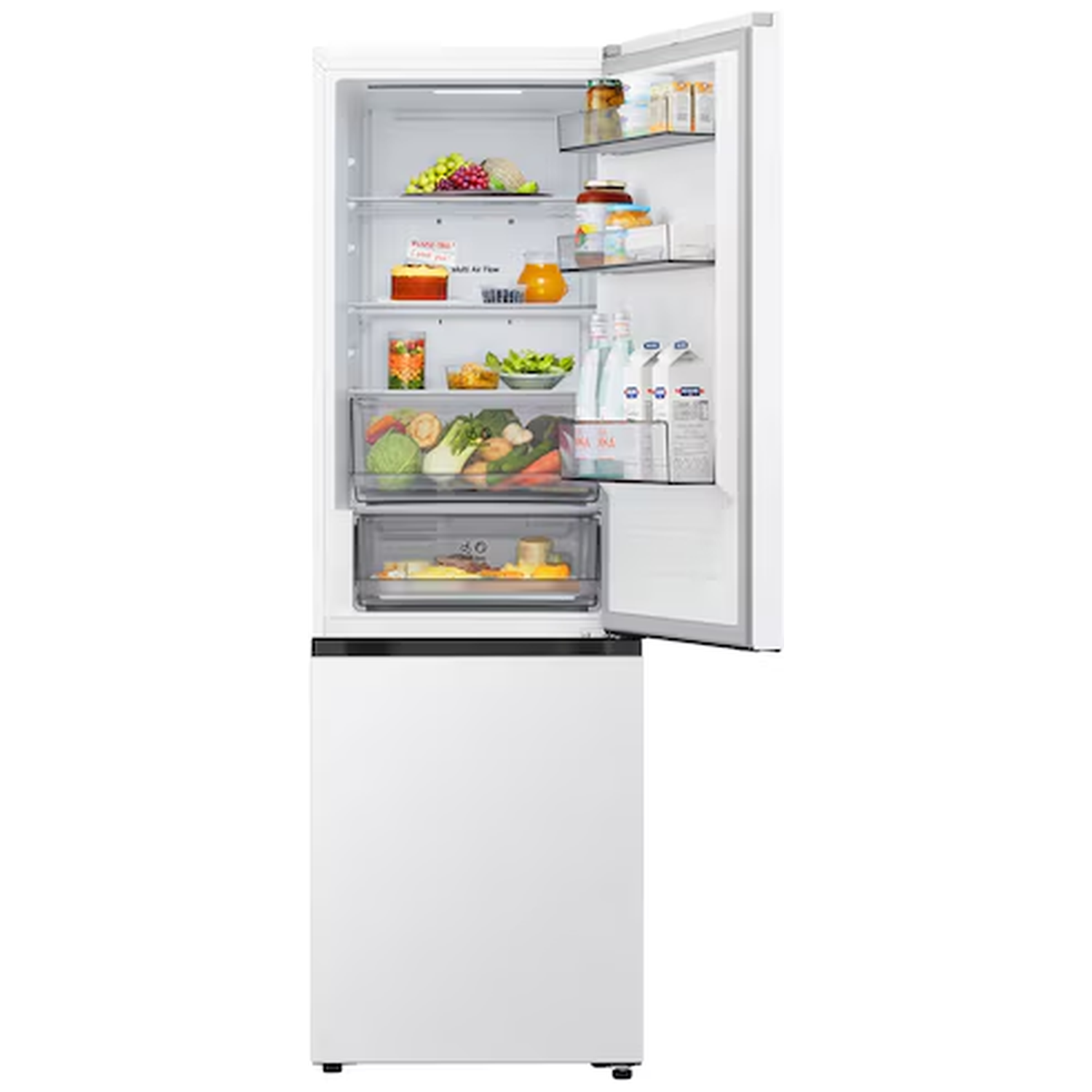 Open white refrigerator stocked with fruits, vegetables, and drinks.