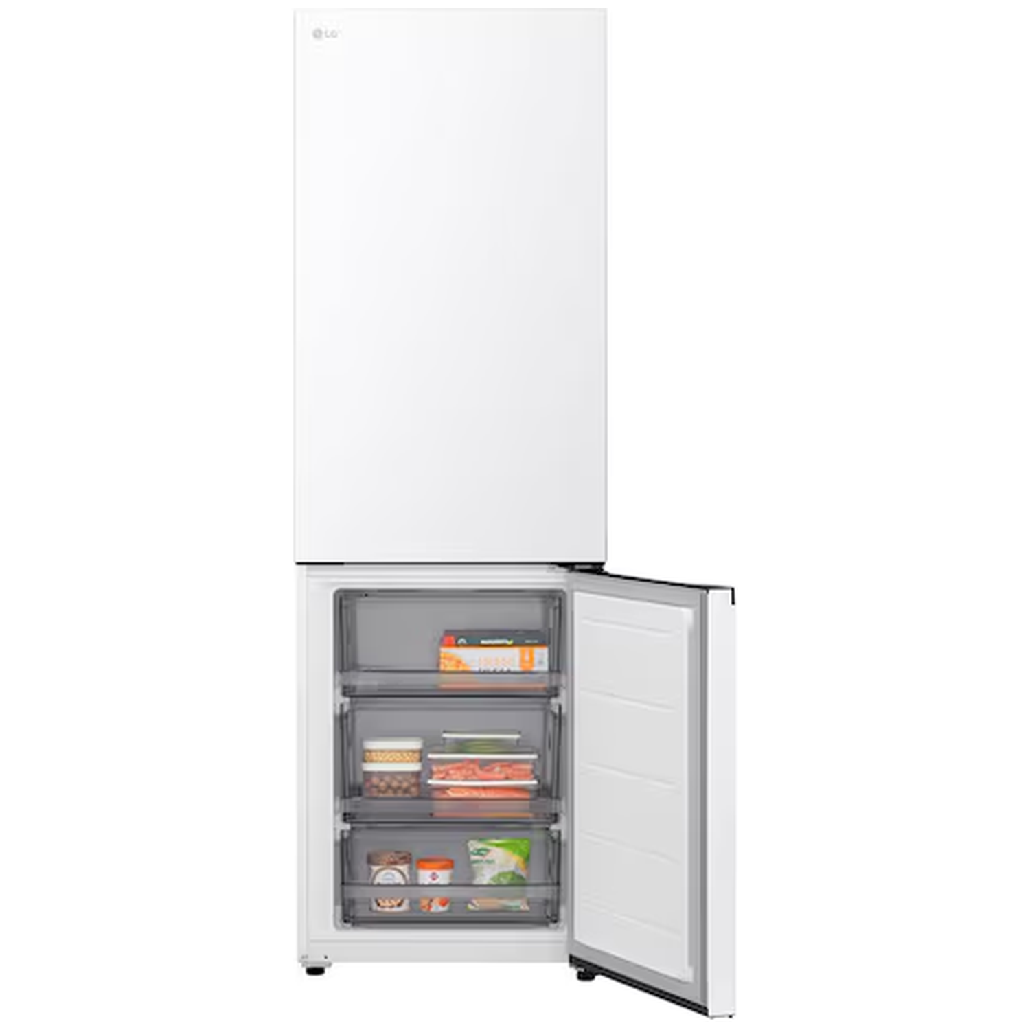 A white LG refrigerator freezer with the bottom freezer door open, revealing three clear drawers filled with various frozen foods.