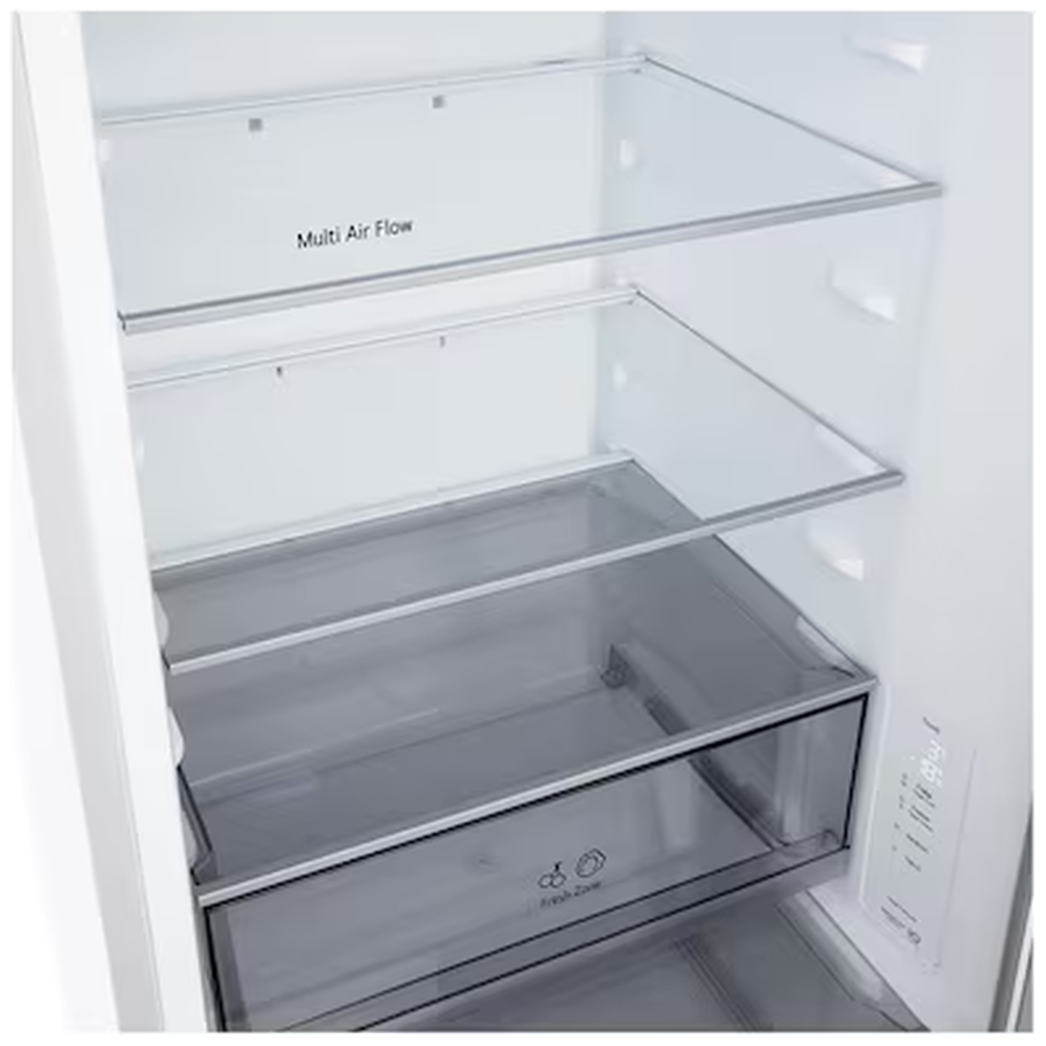 An empty refrigerator interior with glass shelves and a drawer. Text reads 'Multi Air Flow'.