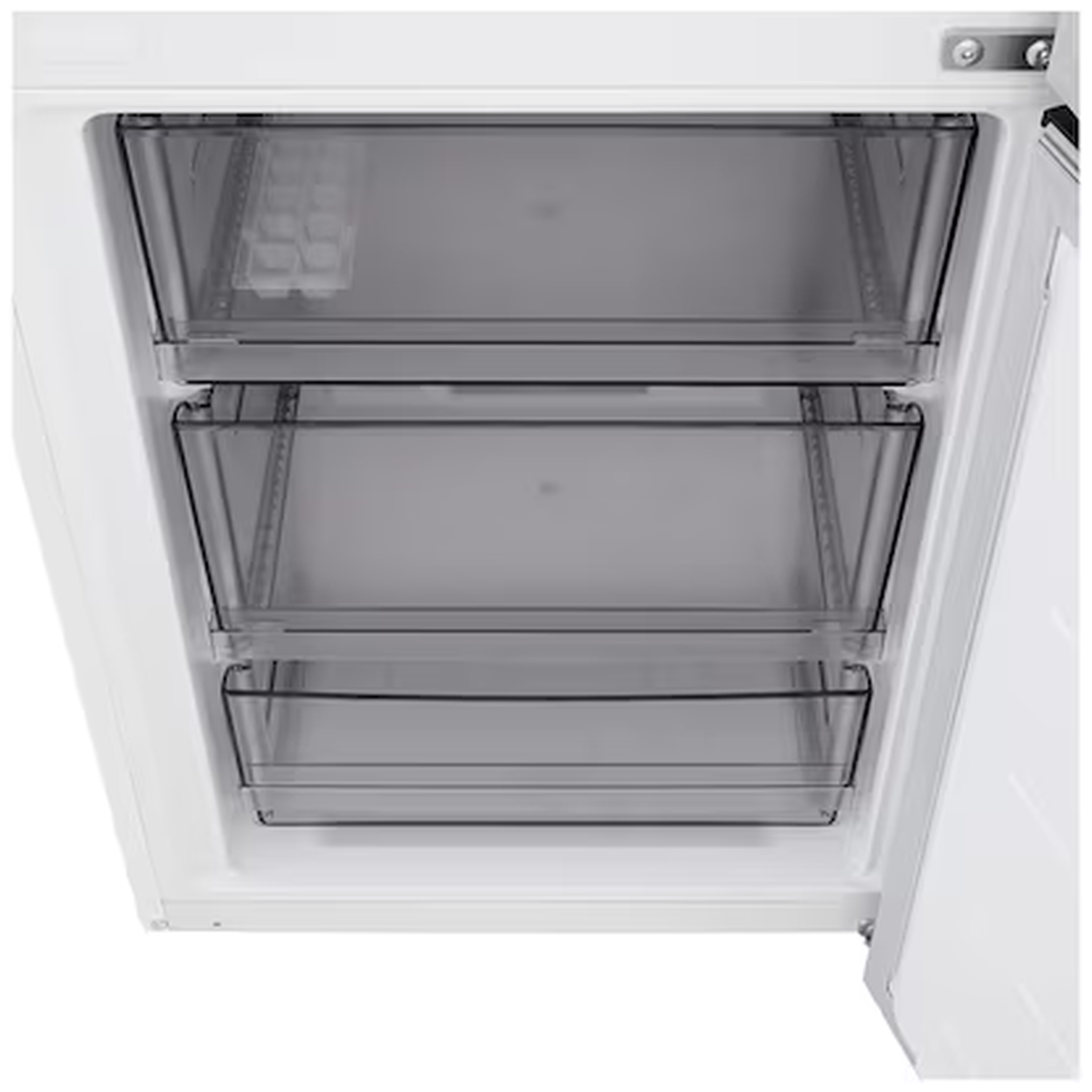 A white freezer with three clear drawers, one containing an ice cube tray.