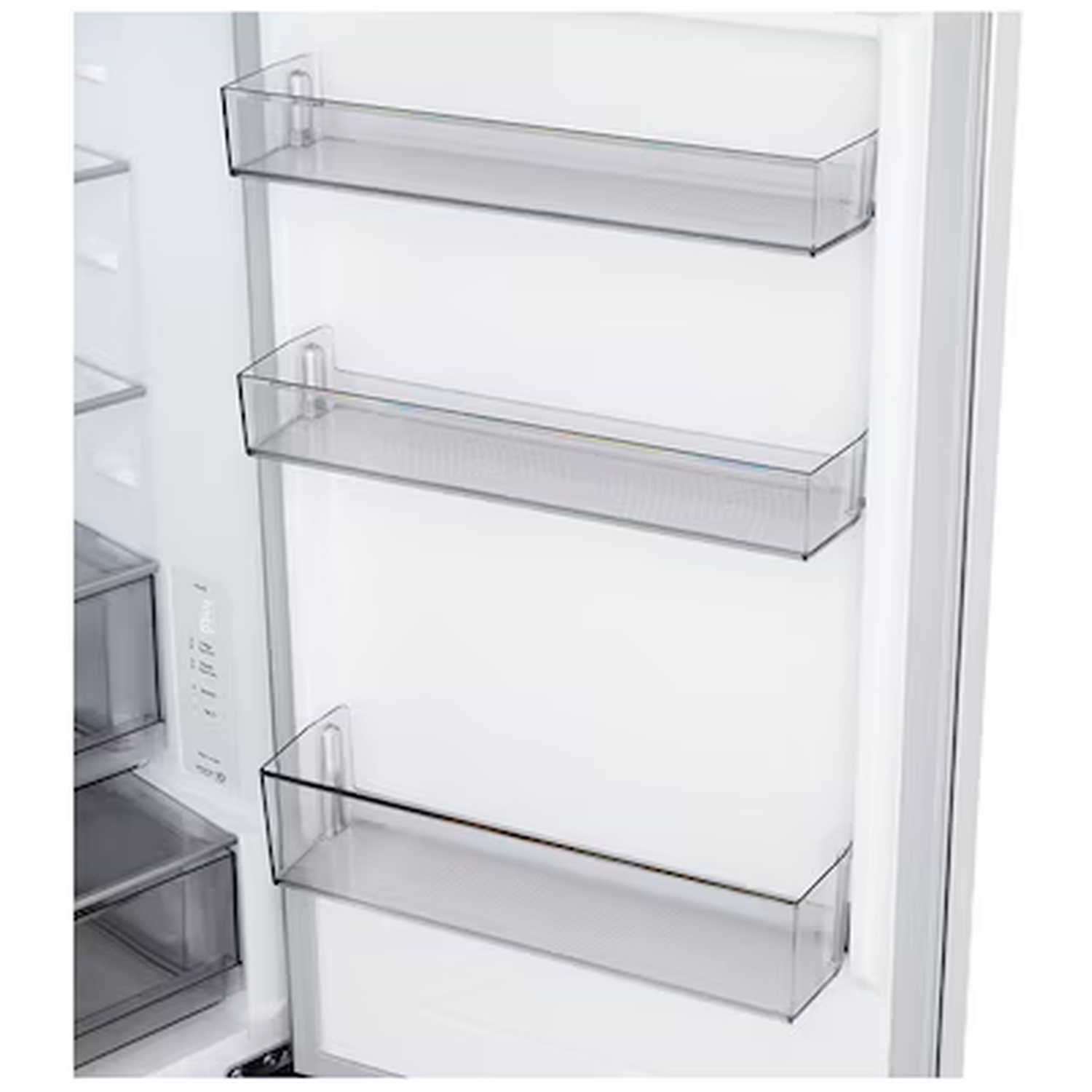 Clear door shelves inside a refrigerator.
