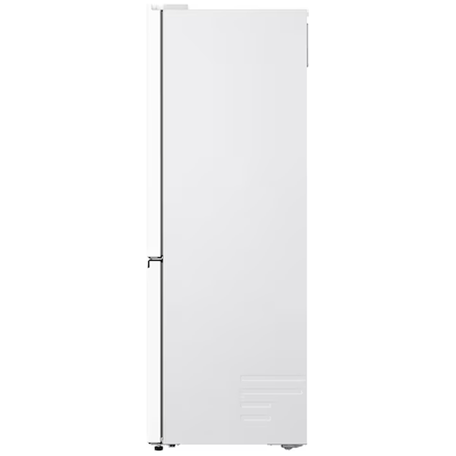 A white refrigerator door with a narrow handle. Horizontal grooves are at the bottom.