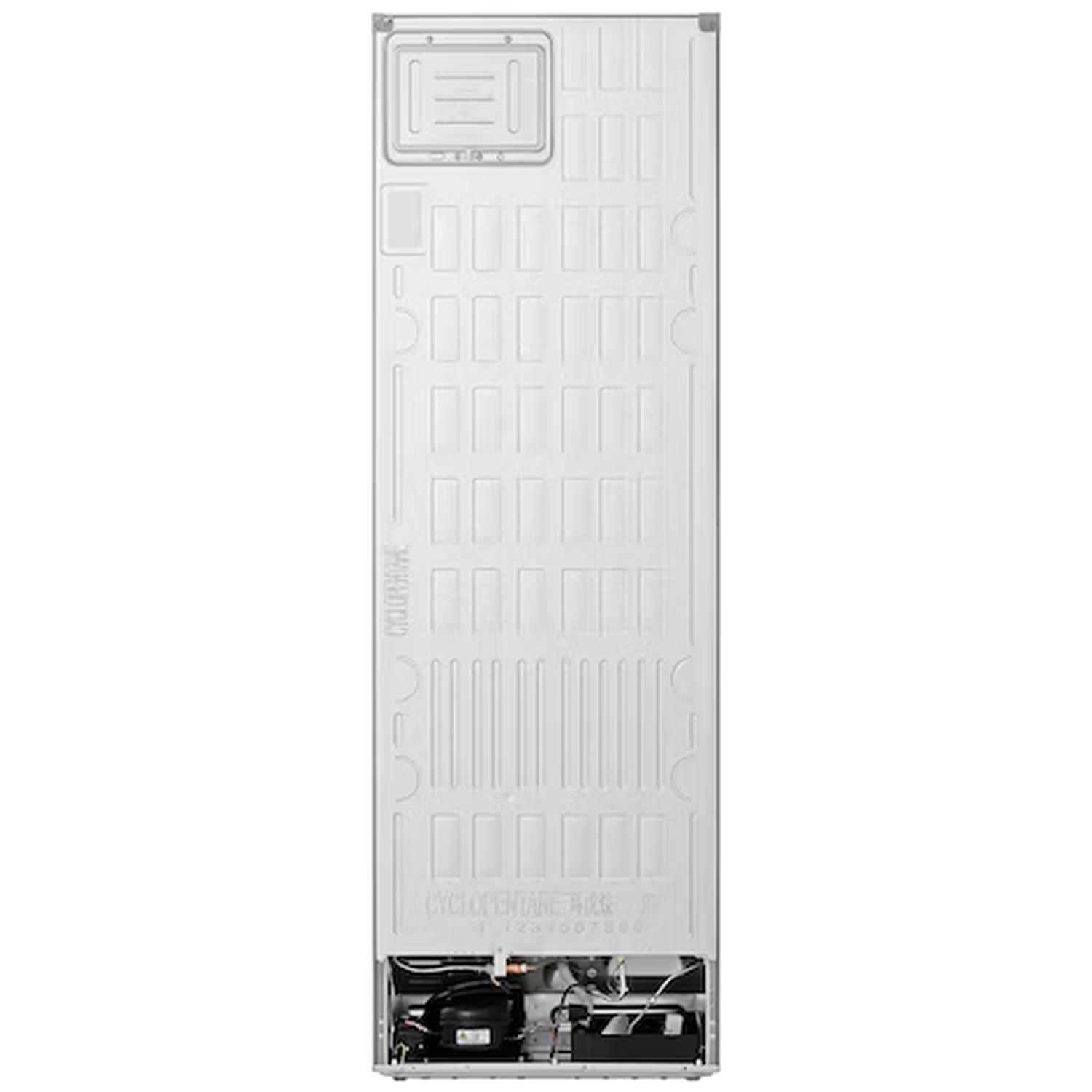 Back of a white refrigerator showing the compressor and cooling pipes at the bottom.
