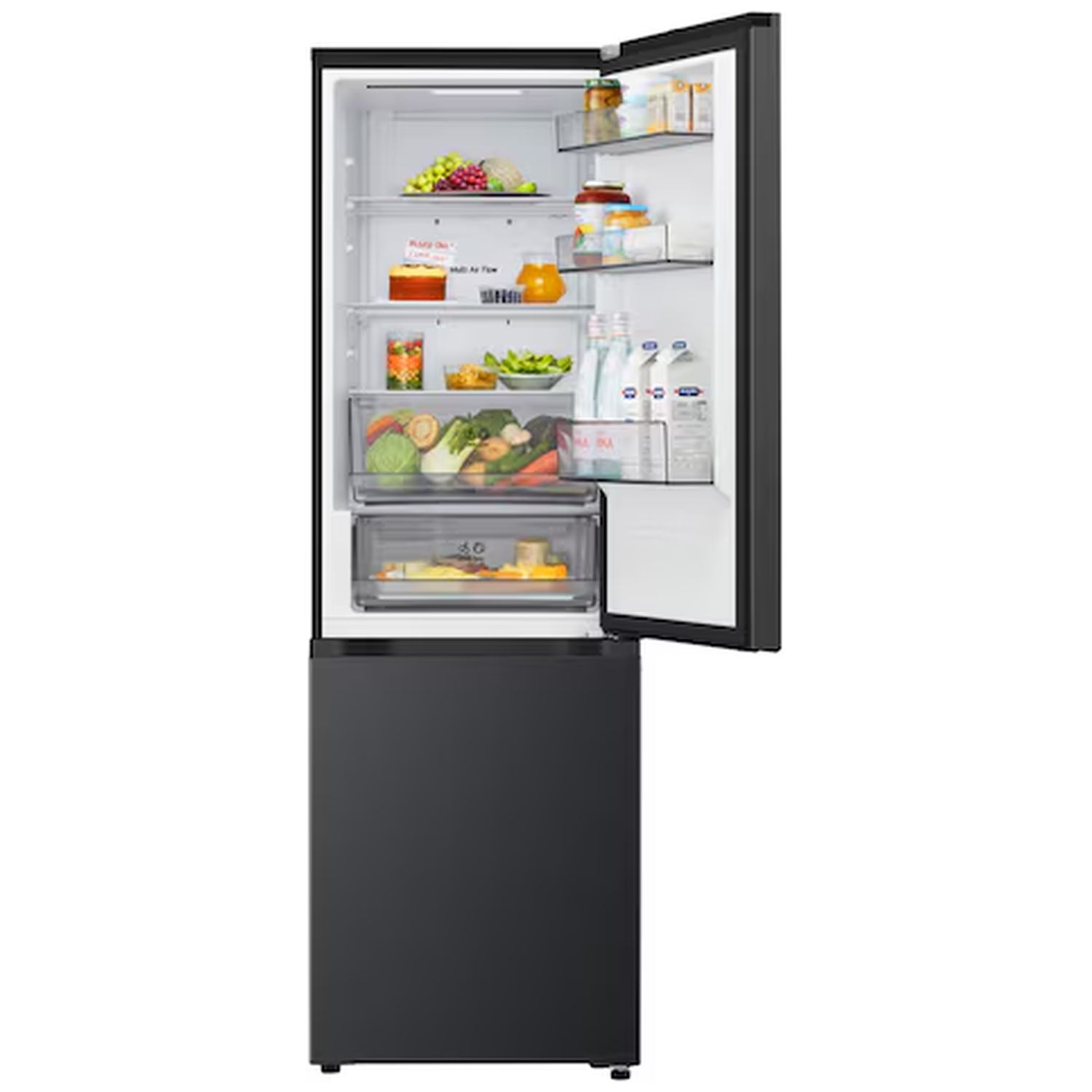 Open black refrigerator with food items on shelves.