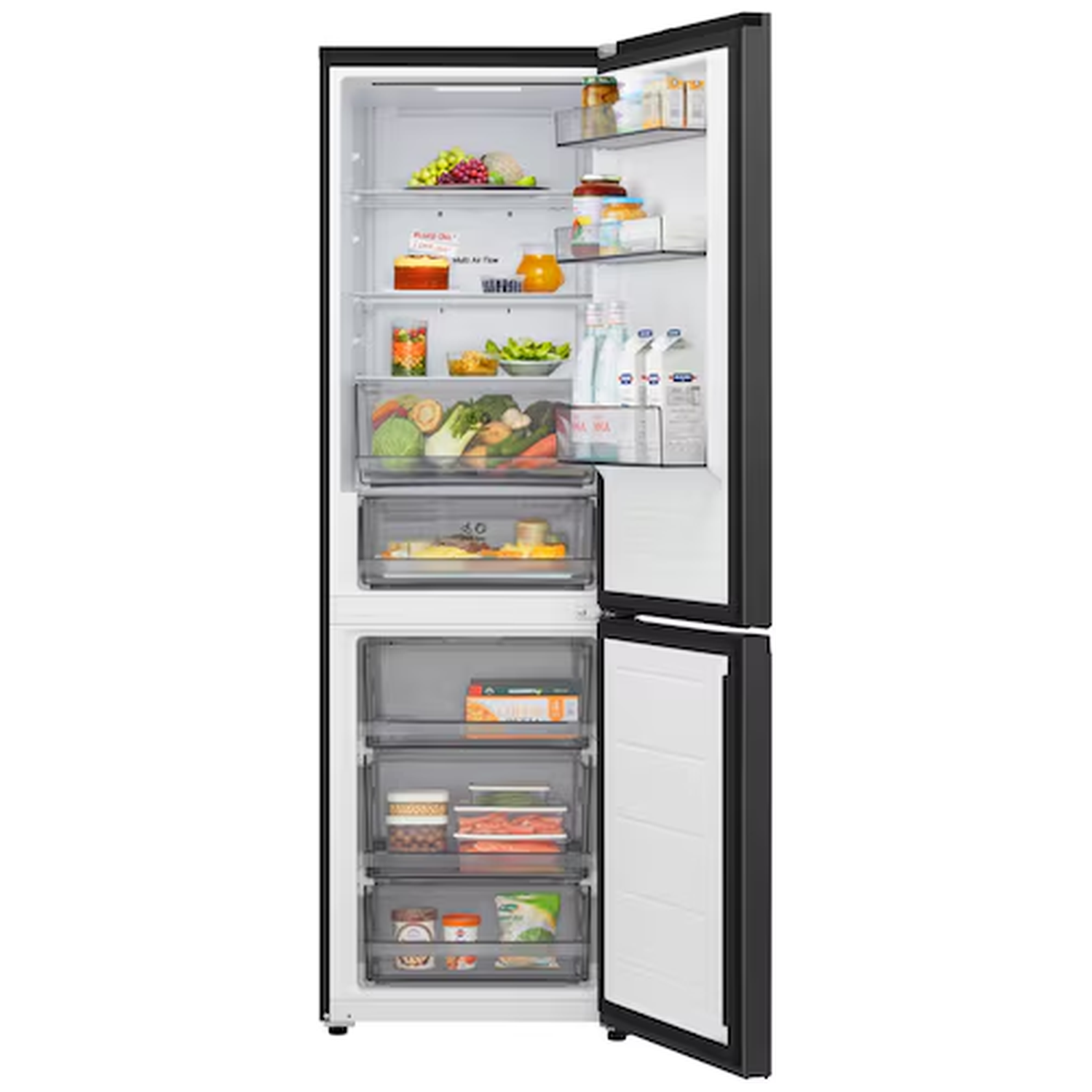 An open black refrigerator with food on shelves.