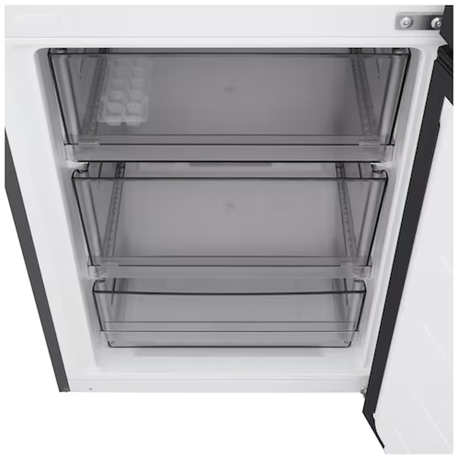 A refrigerator with three clear drawers, one containing ice cubes.