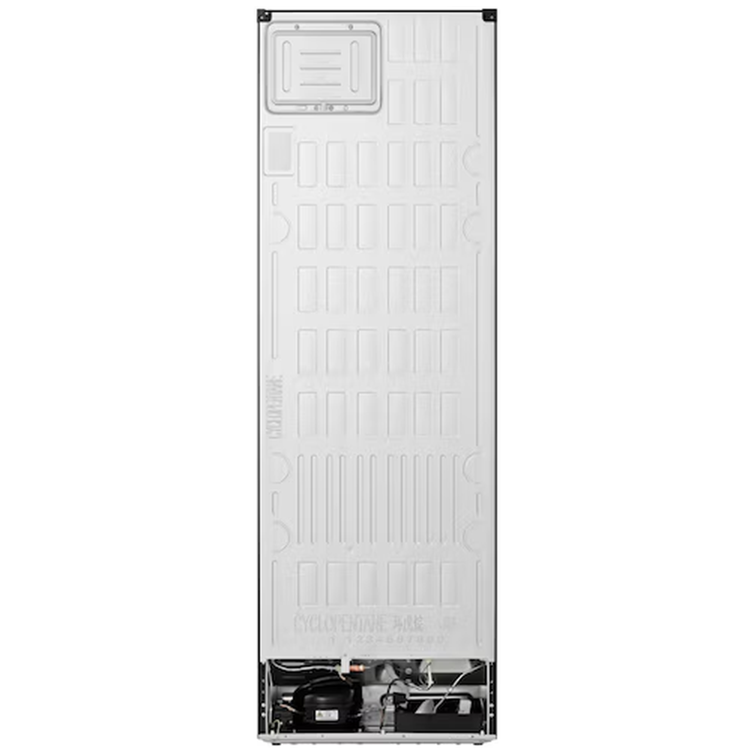 Back of a refrigerator showing the compressor and condenser fins.