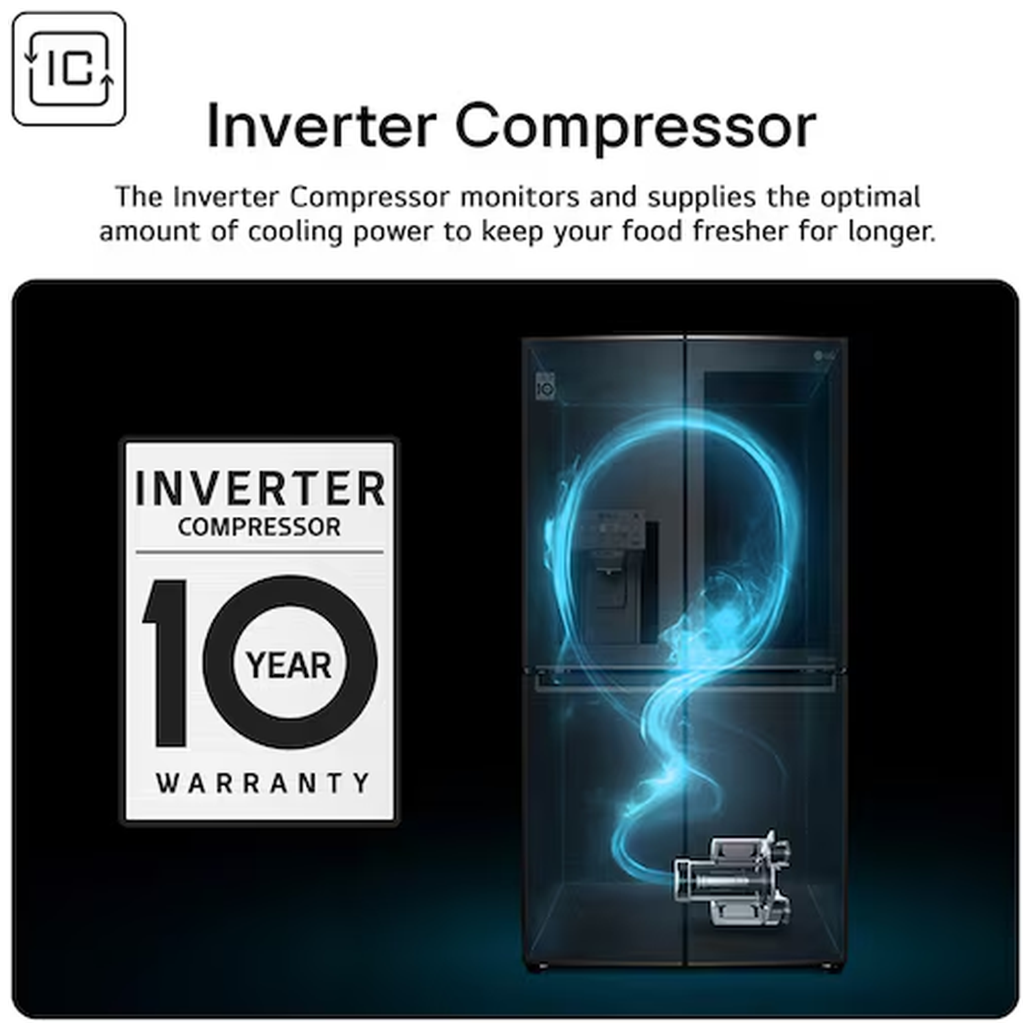 Inverter Compressor with 10-year warranty and diagram of cooling airflow in fridge.