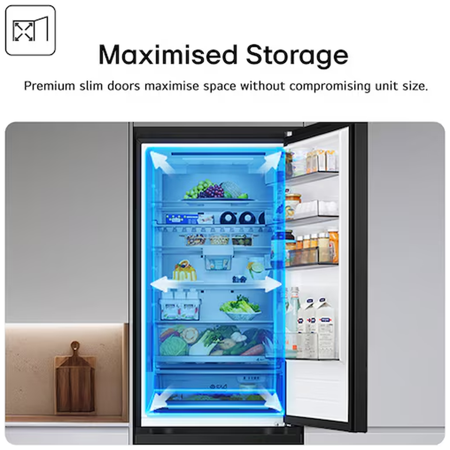 An open refrigerator with blue highlighted storage areas, filled with food items.