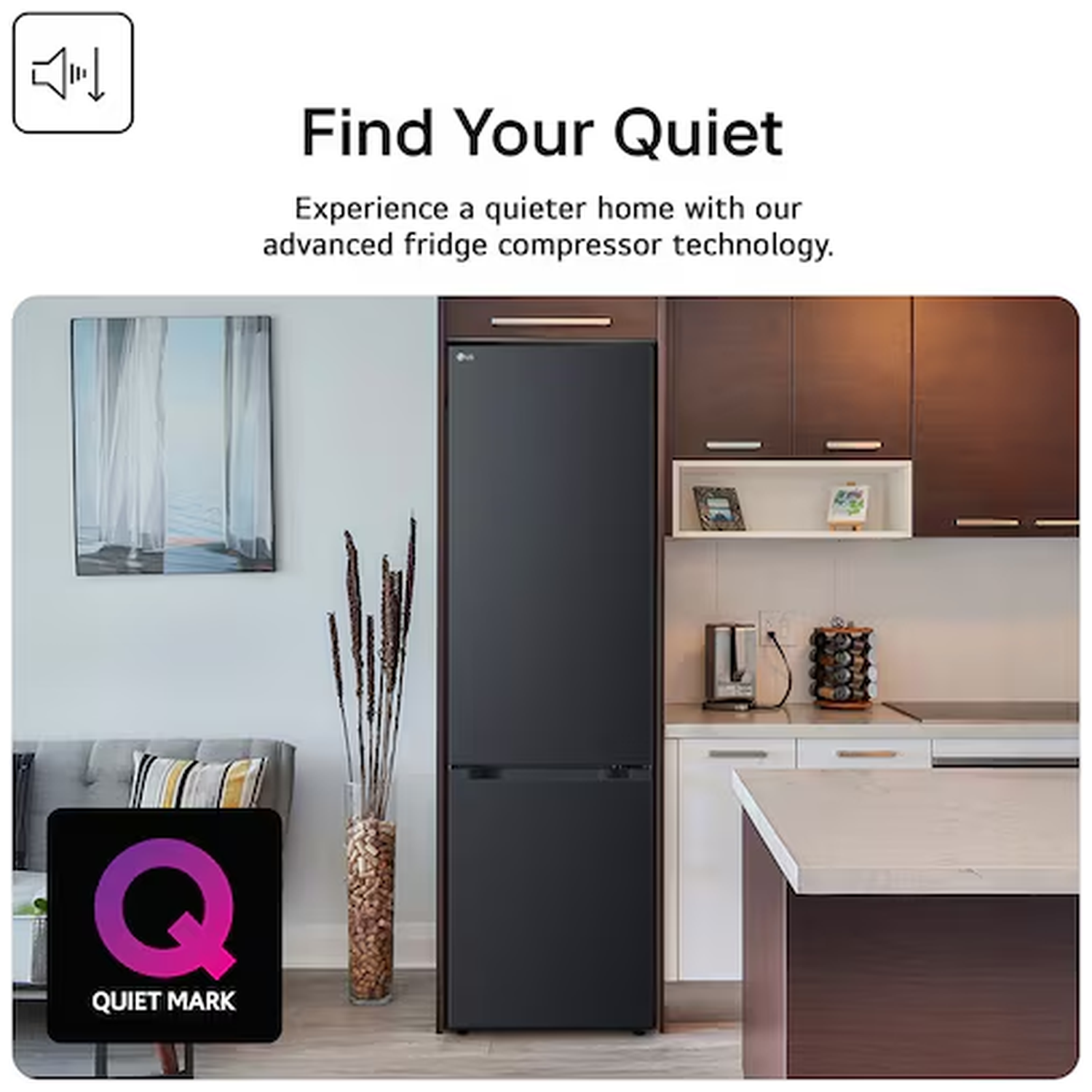 A black refrigerator is in a modern kitchen with cabinets and a countertop.