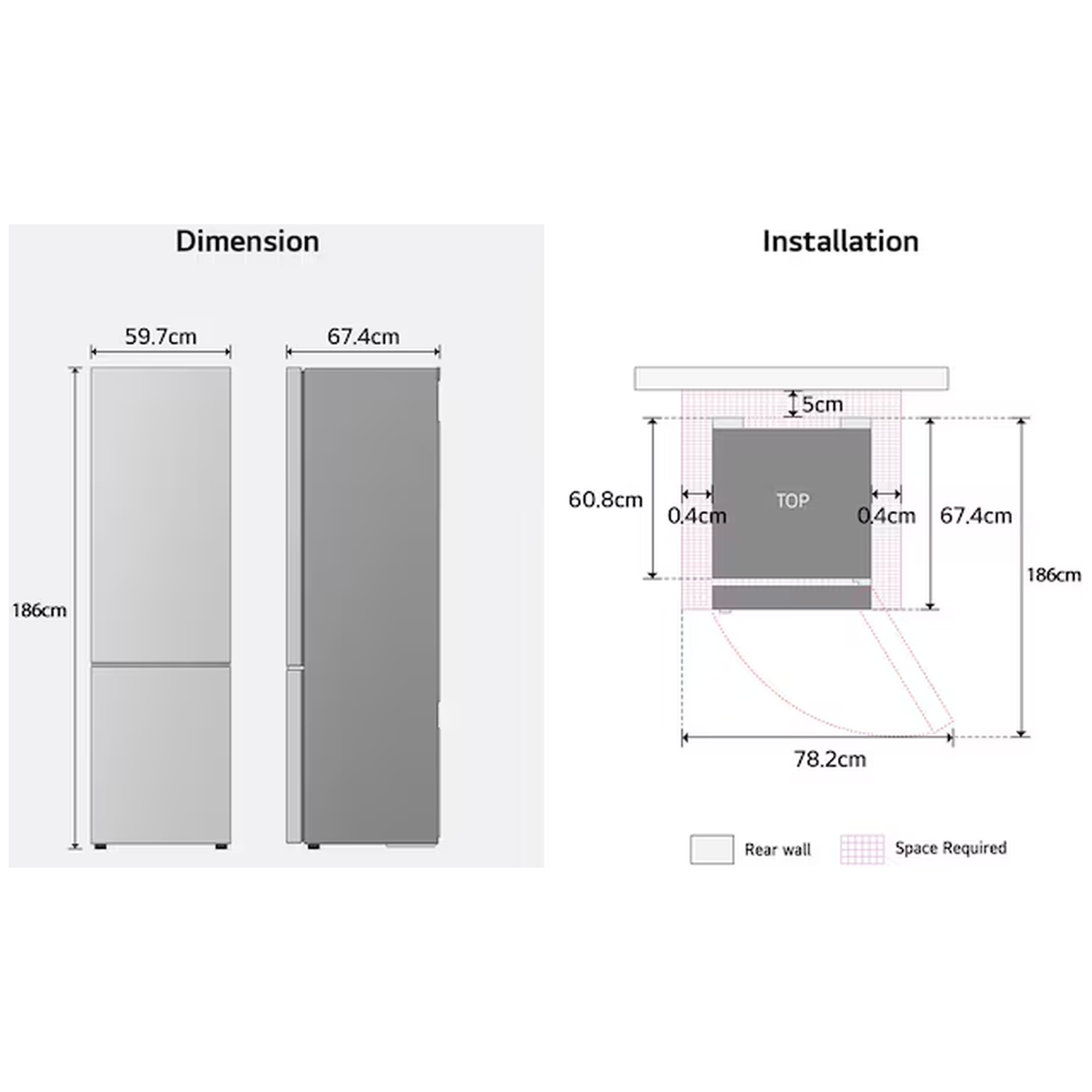 Refrigerator dimensions: 186cm high, 59.7cm/67.4cm wide. Installation diagram shown.