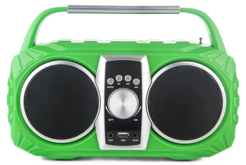 Jasnozielona wieża z dwoma głośnikami i przyciskami sterującymi.