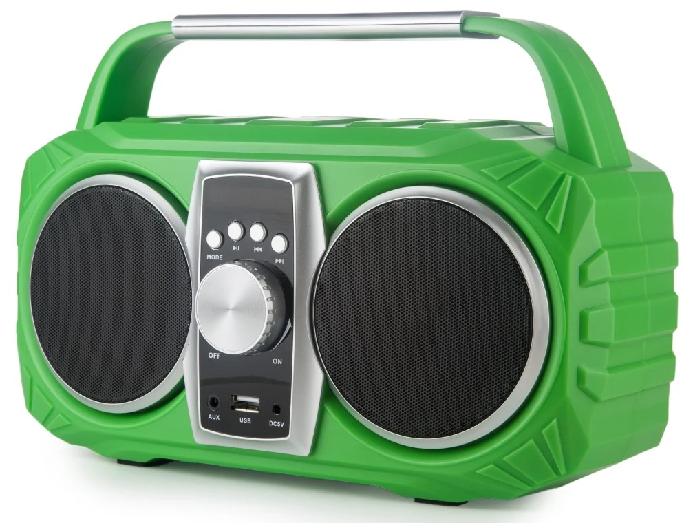 Zielony głośnik boombox z srebrnym uchwytem i panelem sterowania.
