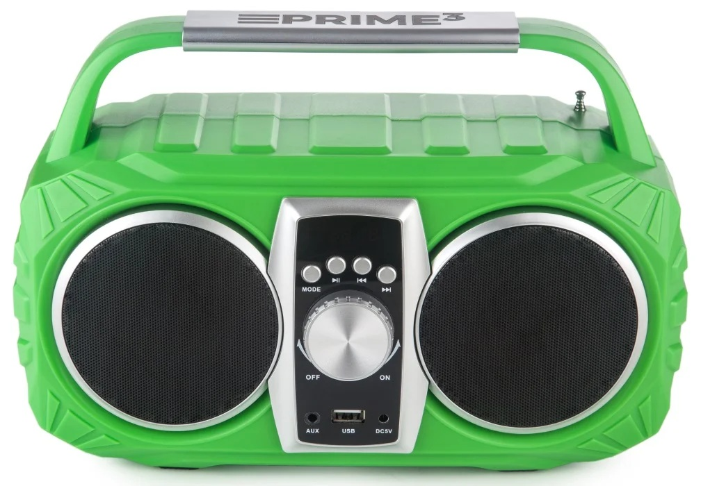 Jasnozielone radio z uchwytem i dwoma głośnikami.