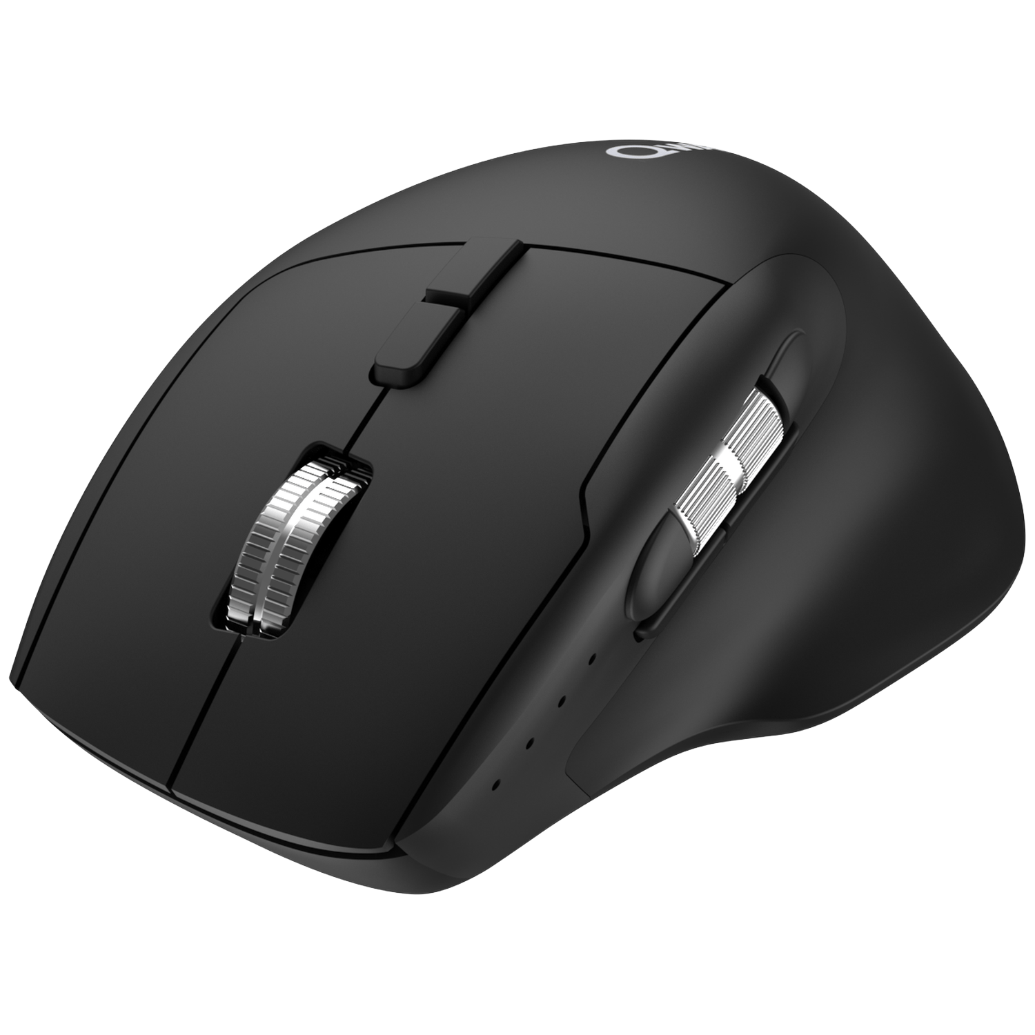 A black wireless computer mouse with silver scroll wheels and buttons on a black background.