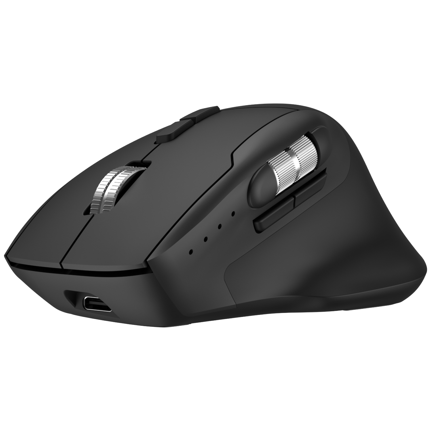 Black computer mouse with silver scroll wheels and USB-C port.