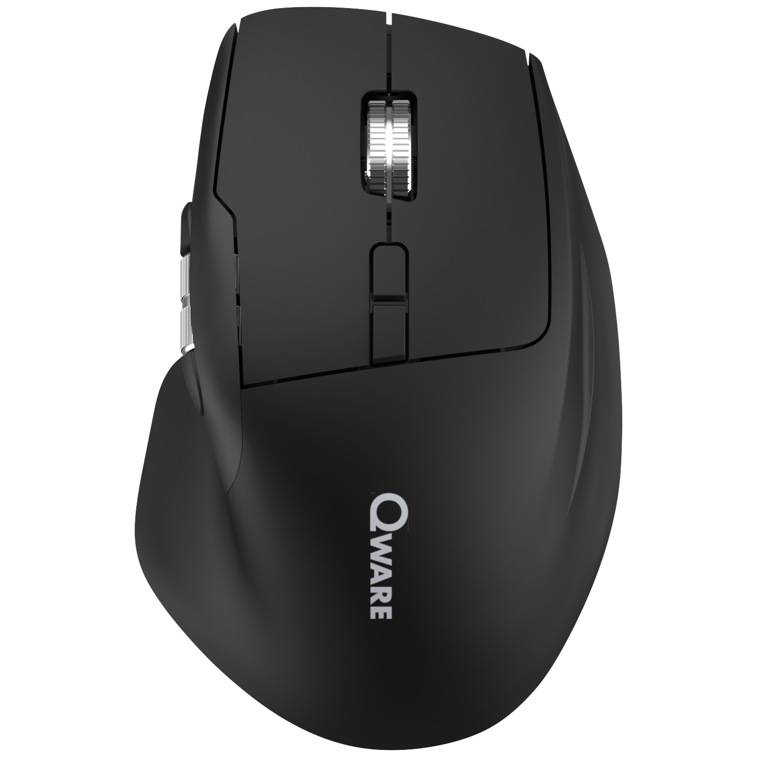 Black computer mouse with scroll wheel and side buttons, Qware logo.