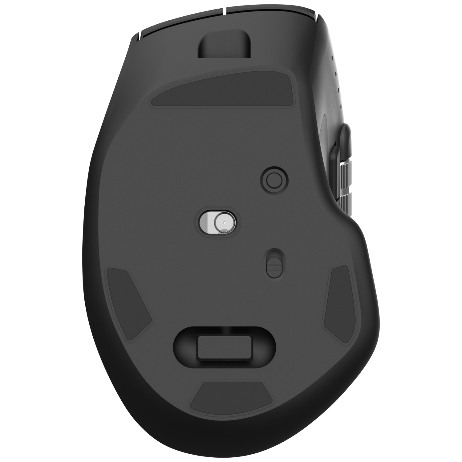 Underside of a black computer mouse with switches and glide pads.