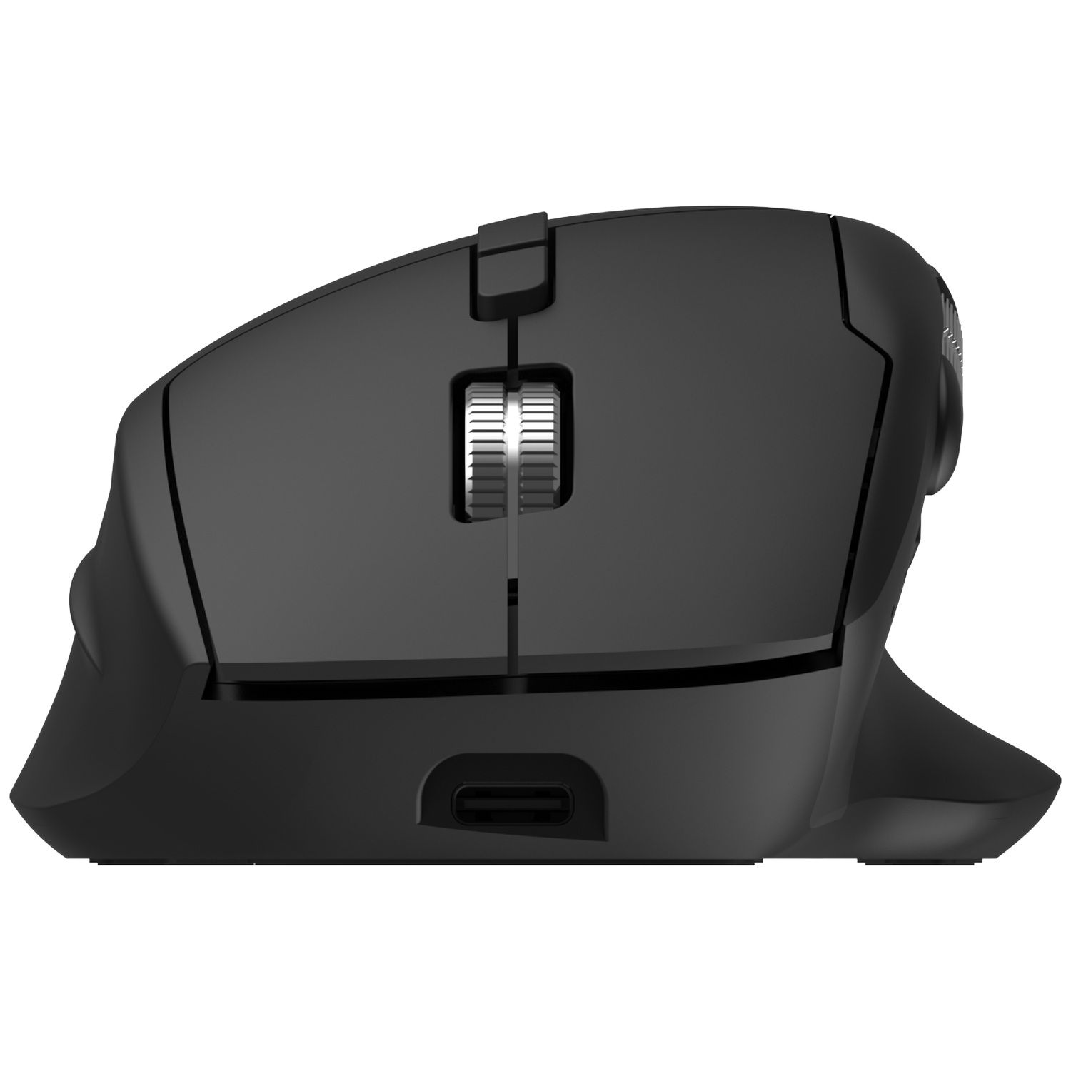 Black computer mouse with scroll wheel and USB-C port, side view.