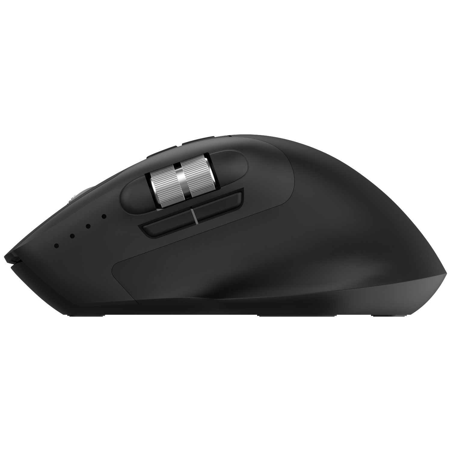 Black computer mouse with silver scroll wheels and buttons, side view.
