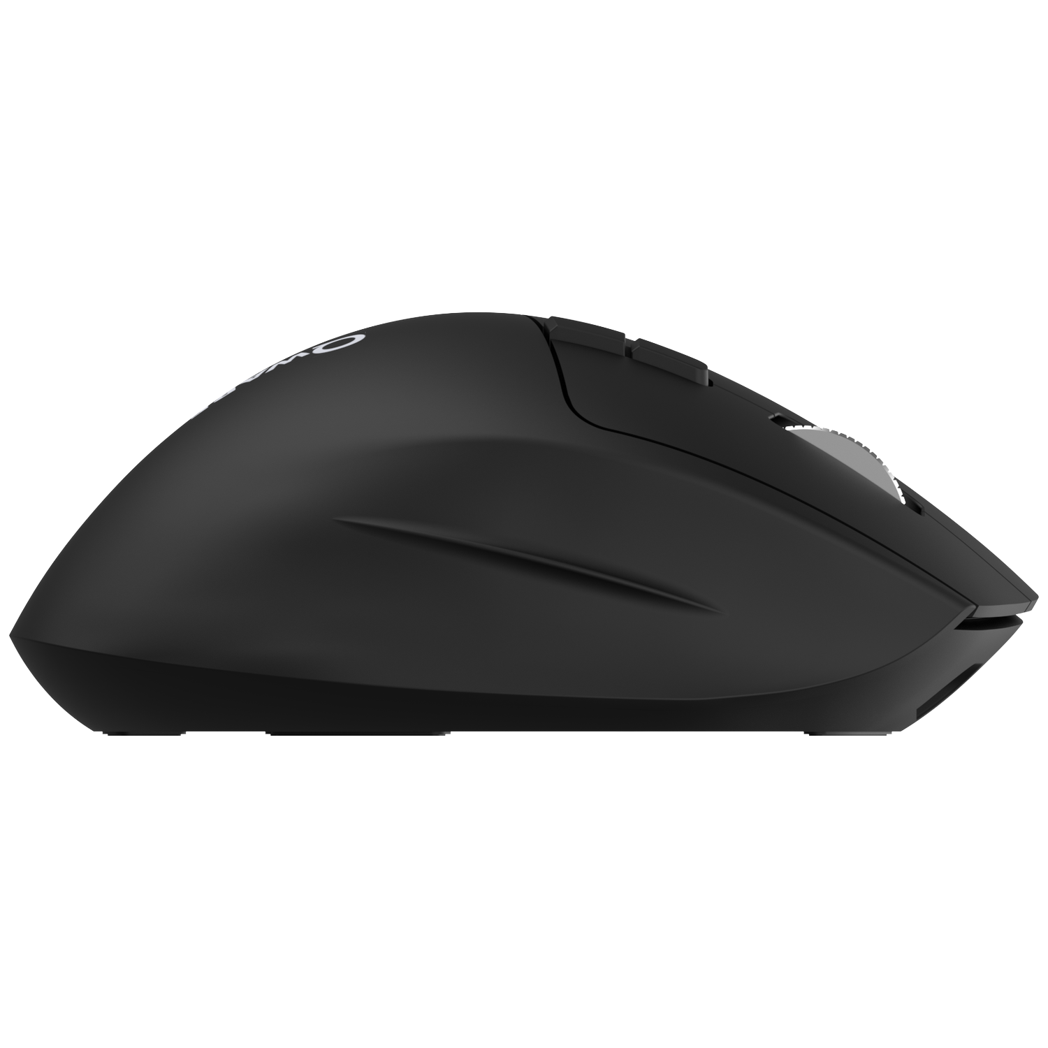 Black computer mouse with scroll wheel and buttons, seen from the side.