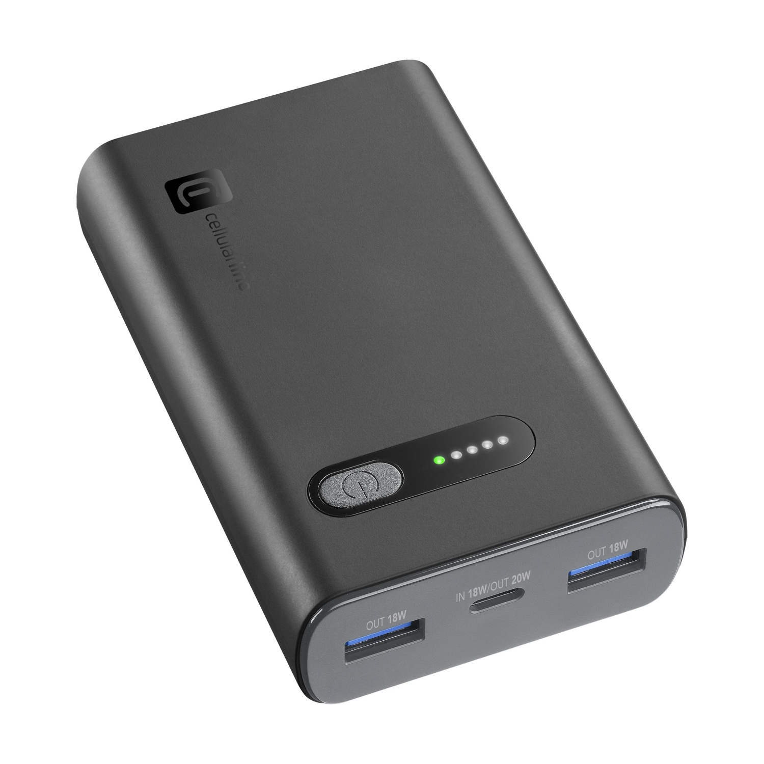 Power bank grigio con porte USB e spie di ricarica.
