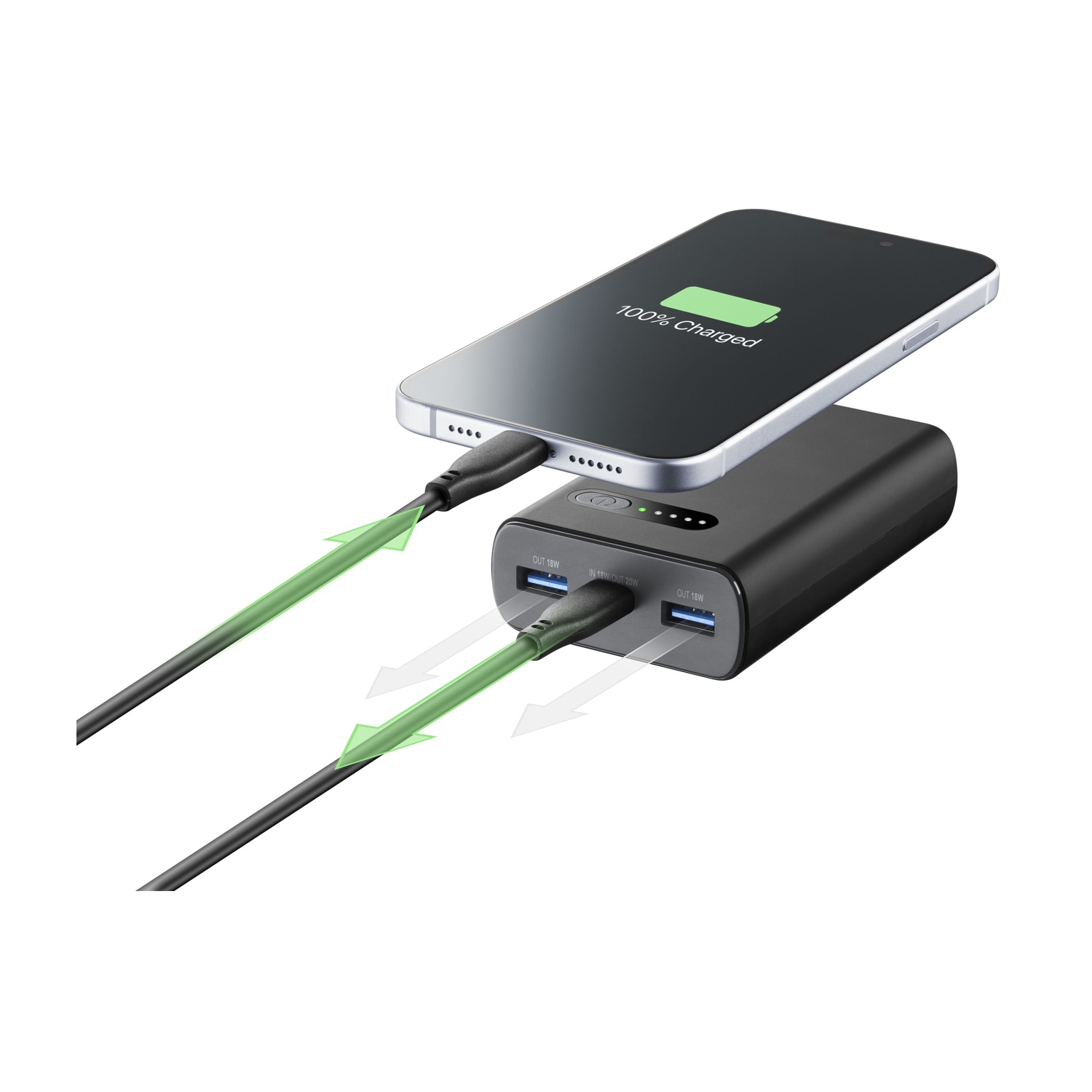 Un power bank nero carica uno smartphone al 100%.