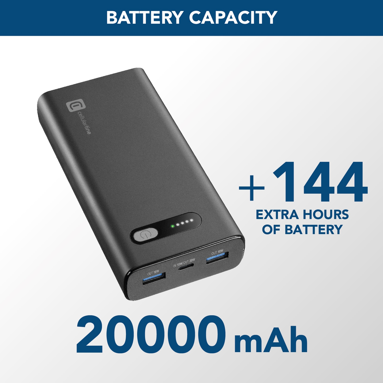 Power bank grigio da 20000 mAh, +144 ore di batteria extra.