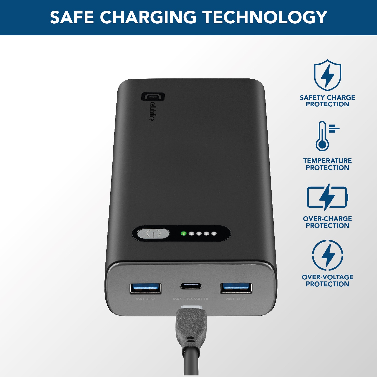 Power bank nera con porte USB e spie. Icone di sicurezza.