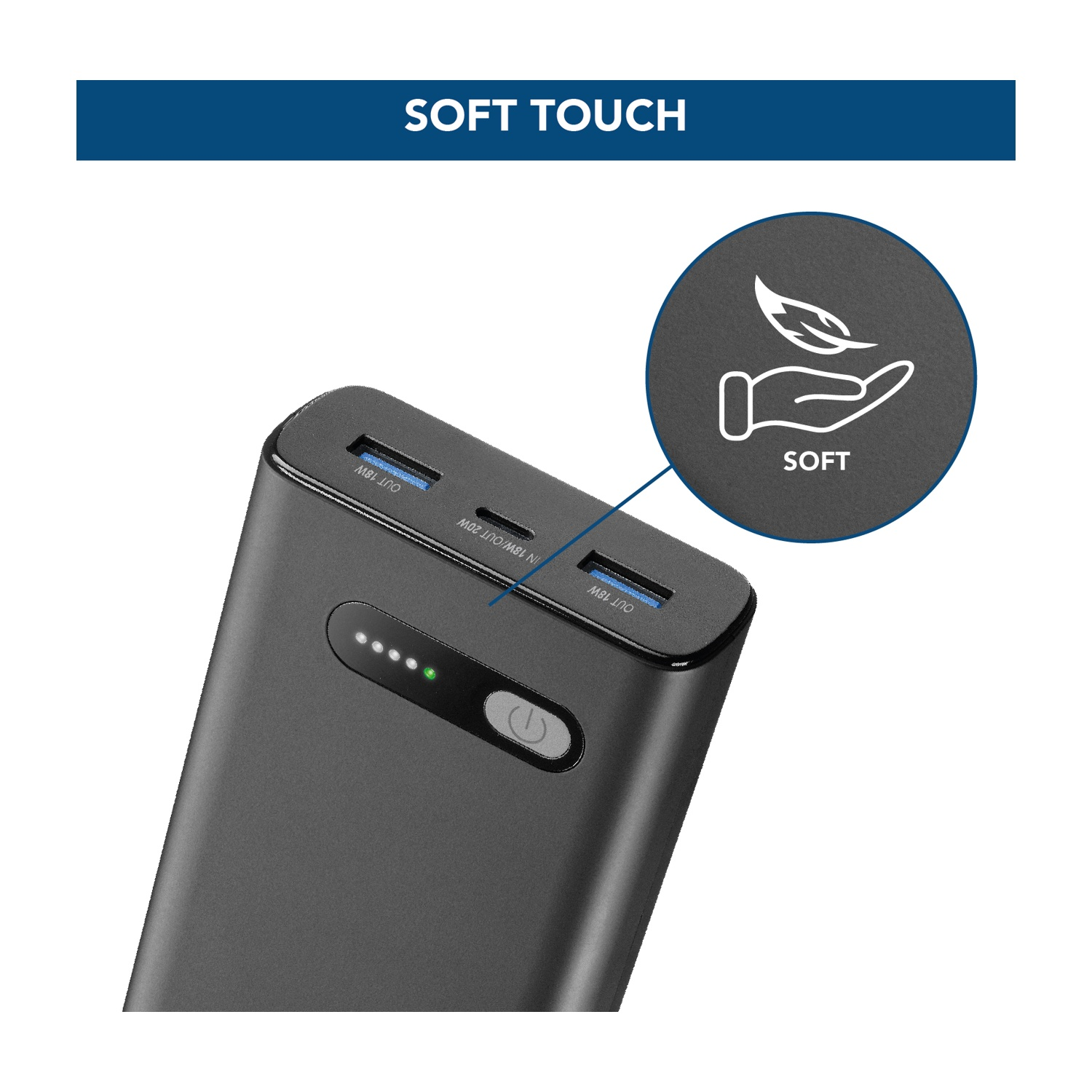 Power bank nero con porte USB e indicatore di carica. Icona soft touch.