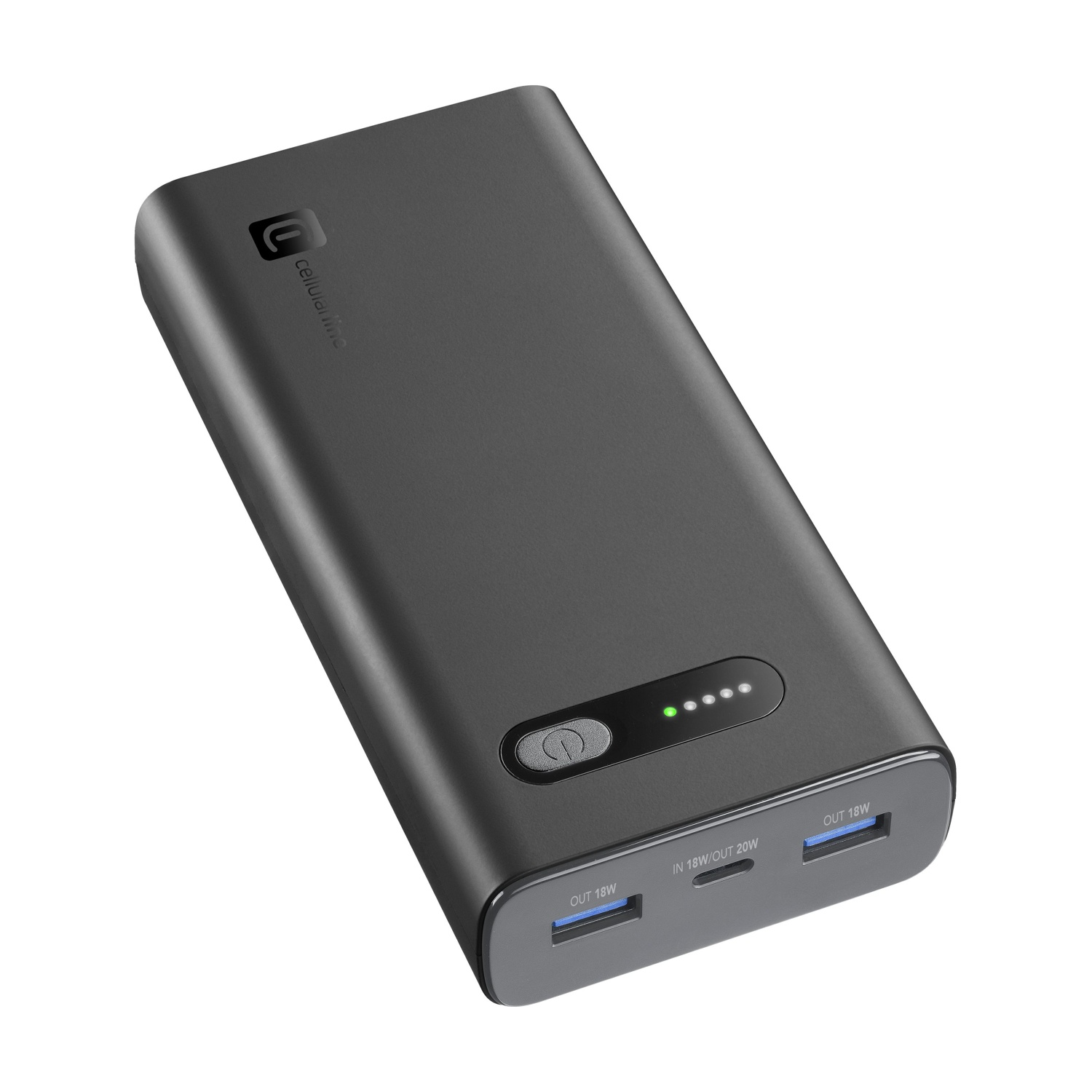 Power bank grigio con porte USB e spie di carica.