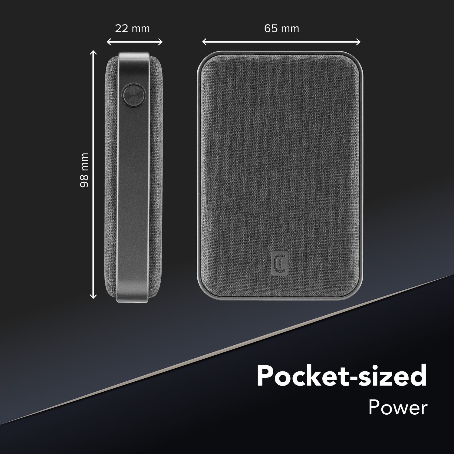 Power bank grigio vista laterale e frontale con dimensioni 98x22x65 mm.