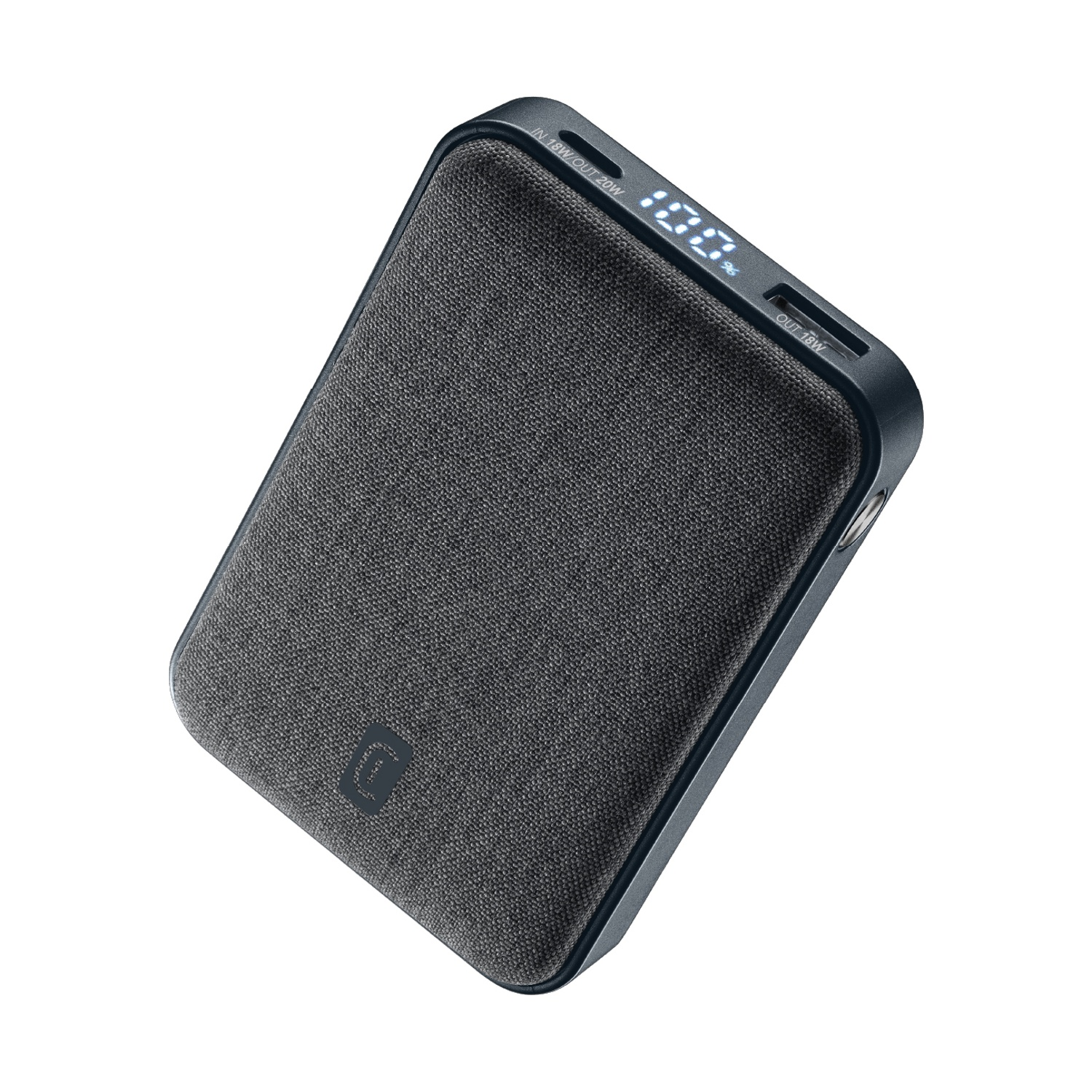 Power bank testurizzato grigio scuro con display digitale 100% e porte USB.