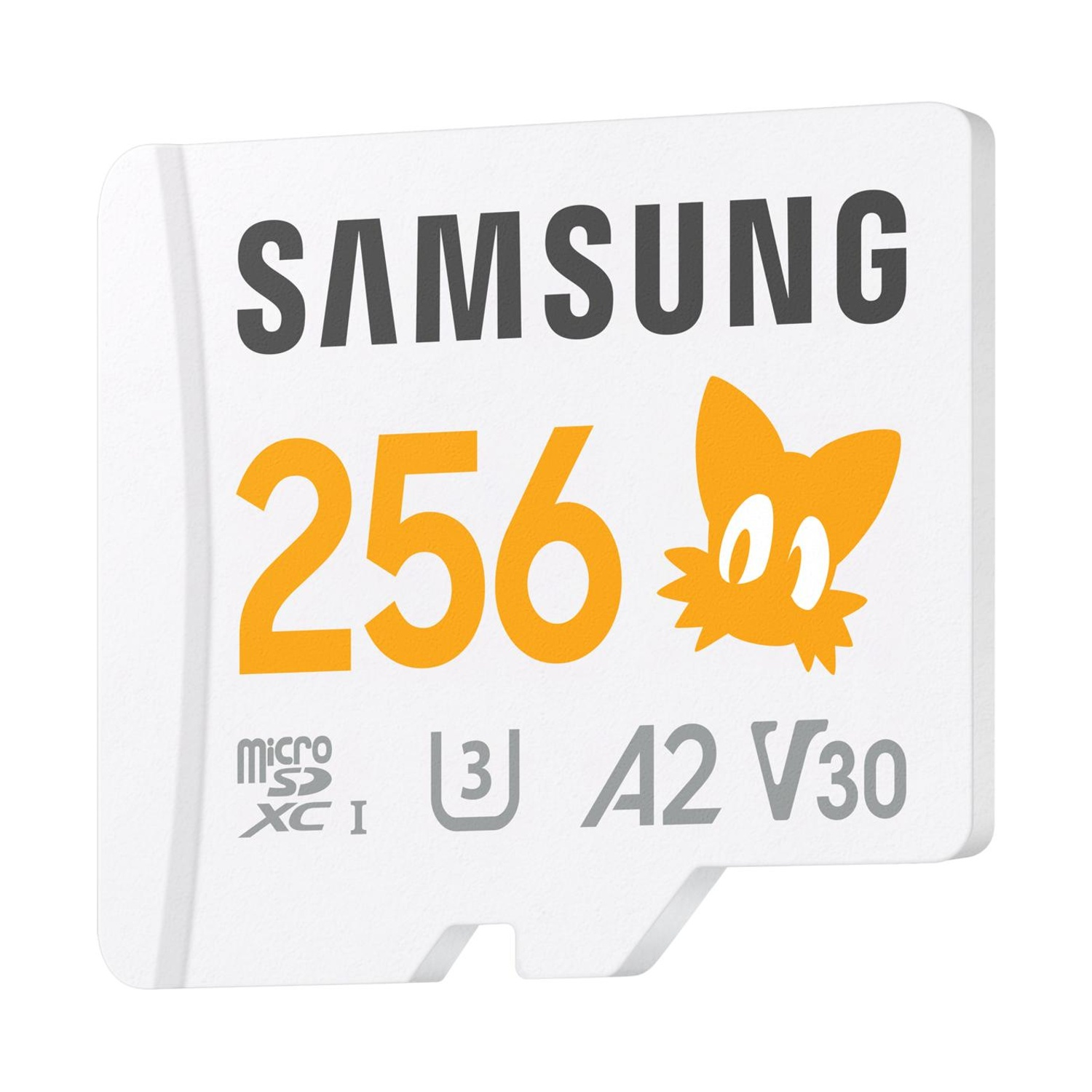 Scheda microSD Samsung da 256 GB con logo gatto arancione. Valutazione A2 V30.