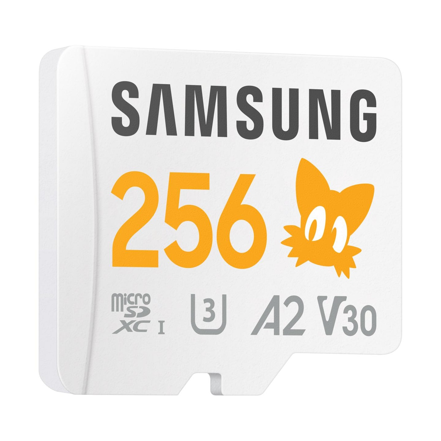 Scheda MicroSD Samsung bianca da 256 GB con icona di gatto, A2 V30.