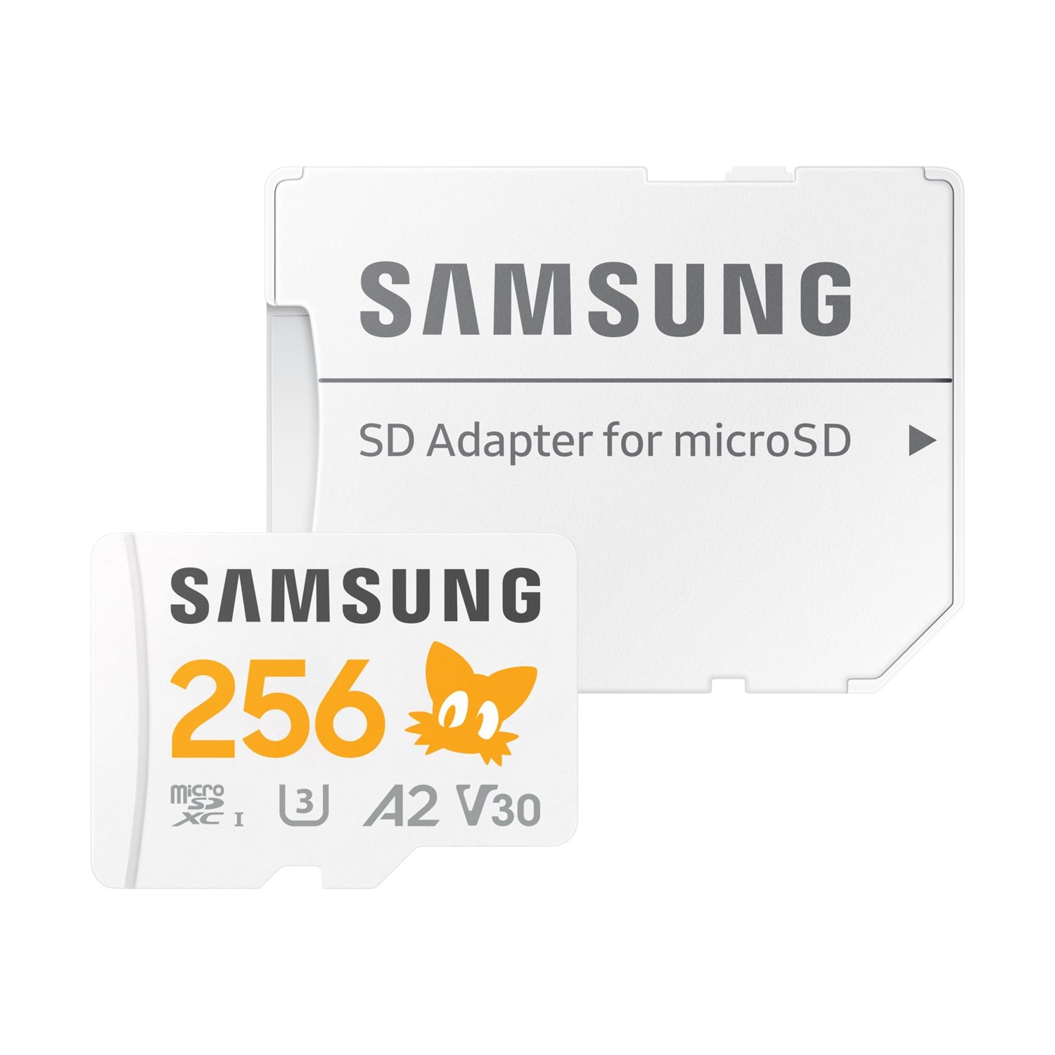 Scheda microSD Samsung da 256 GB con adattatore. Grafica volpe arancione.