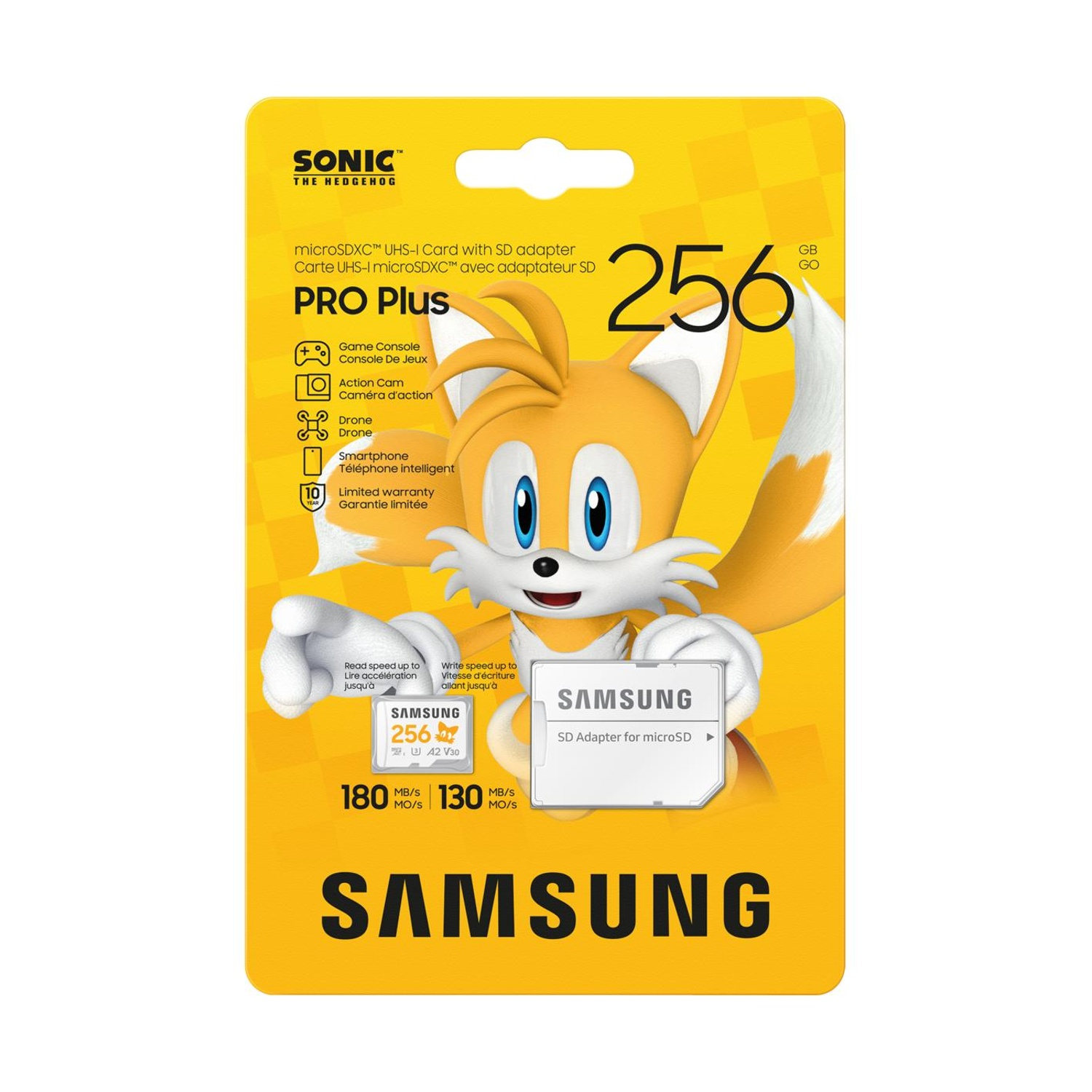 Personaggio di Sonic il riccio su una scheda microSDXC Samsung da 256 GB con adattatore SD.