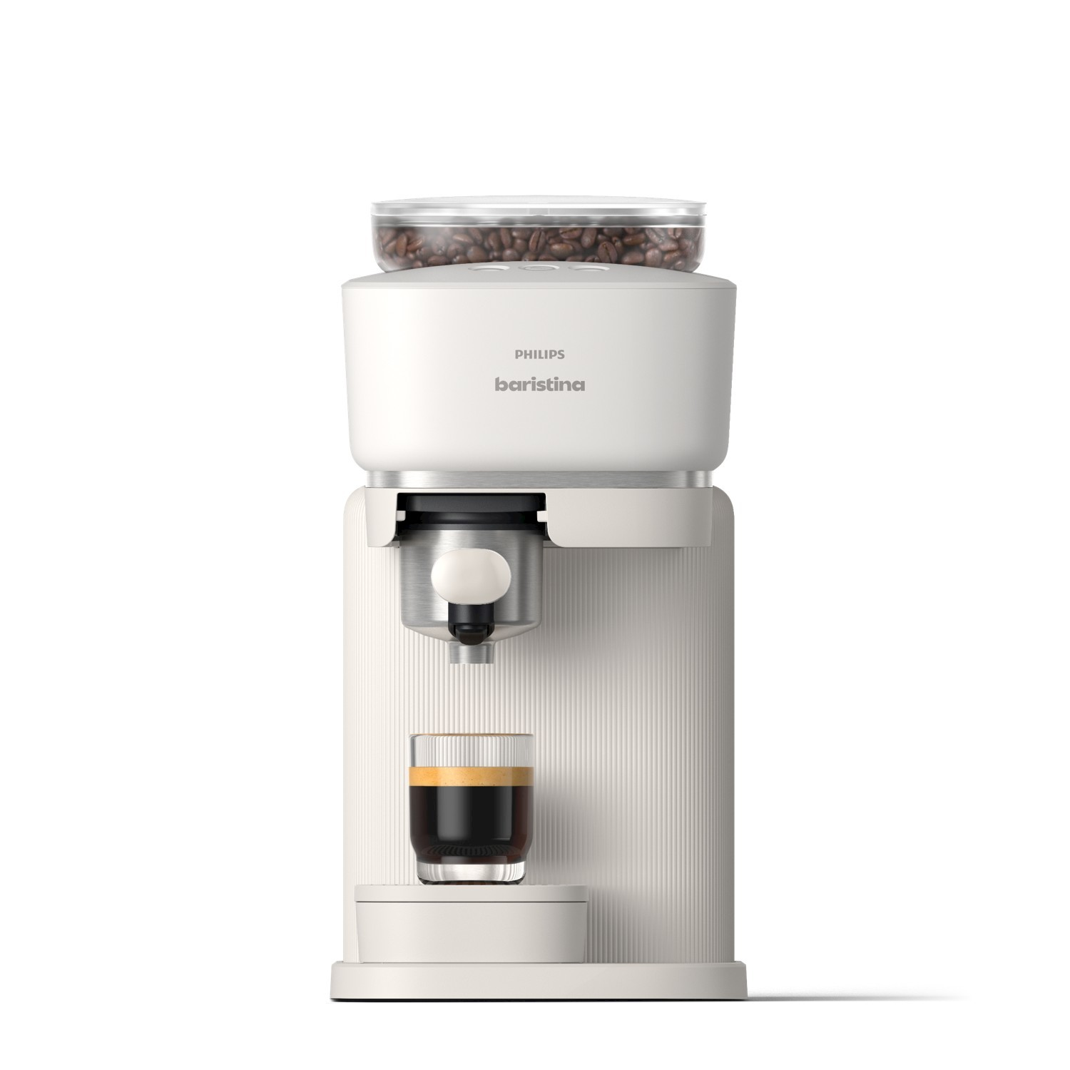 Macchina da caffè Philips bianca con bicchiere, espresso e chicchi di caffè nel serbatoio.