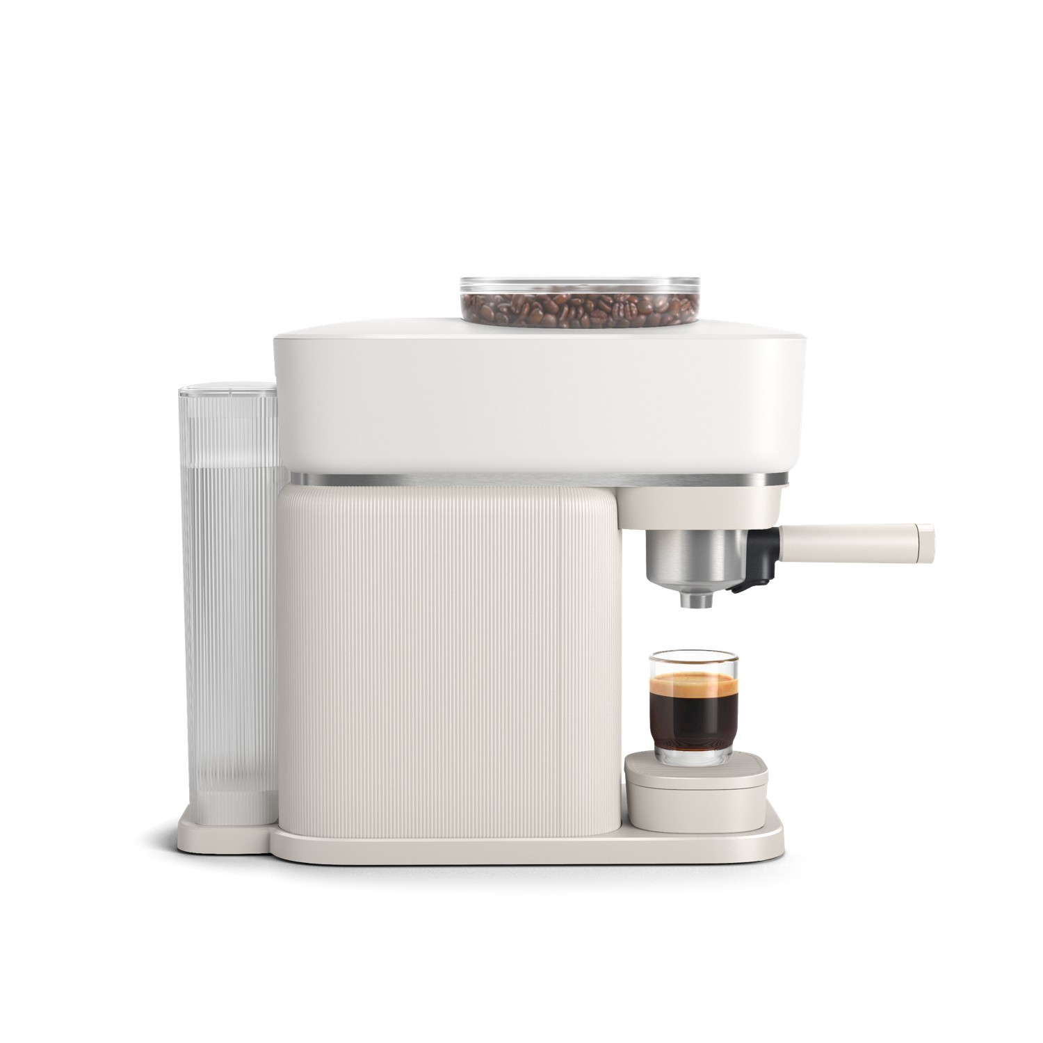 Macchina per espresso bianca con contenitore chicchi, serbatoio acqua e un espresso.