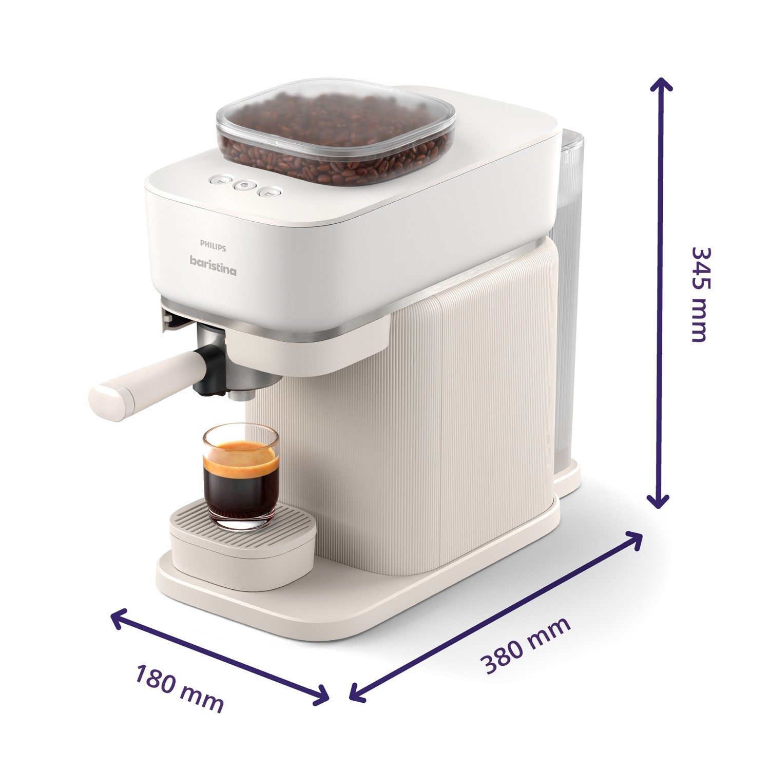 Macchina caffè Philips Barista bianca con bicchiere di espresso e contenitore.
